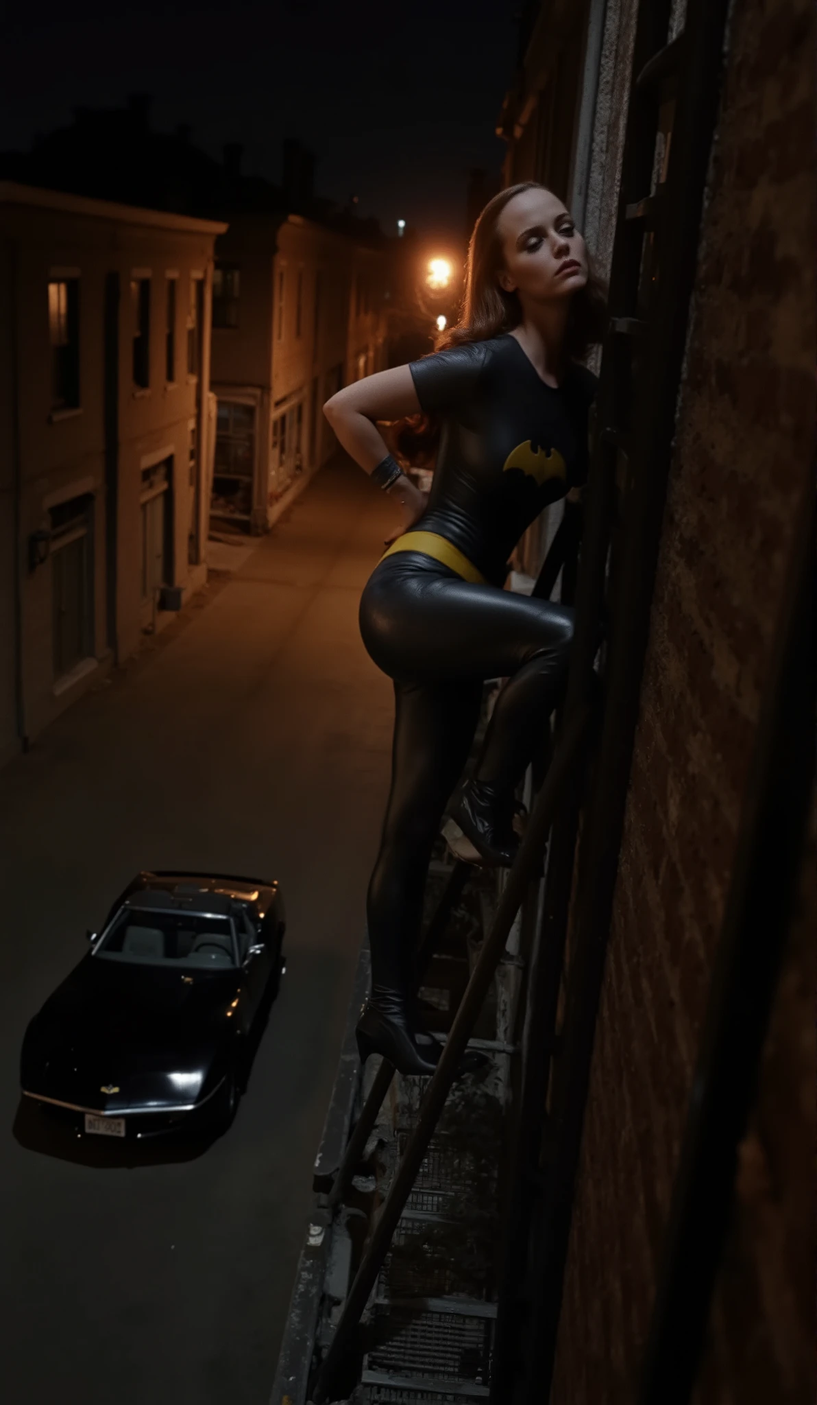 Nighttime. dark , full body shot of Christina Ricci with dark red hair viewed from directly above,  dressed as batgirl wearing a full length charcoal gray rubber  that is molded to fit her body perfectly with a yellow batgirl symbol on the , she climbs several stories up, climbing on a metal fire escape ladder attached to a building while she looks down at a car in the alley.   She poses with most of her weight on one leg and her hip pushed out to that side, the other leg bent at the knee.   She has a perfect detailed face in sharp focus, perfect , two arms, two legs, (((perfect hands))).  She stands with most of the light coming from a single amber colored street lamp above her, the alley is illuminated by another lamp in the distant background, viewed from directly above, she is looking down at a black (((1973 Corvette convertible))) parked on the side of the road below, the front of the car is facing the viewer and the lights are off.