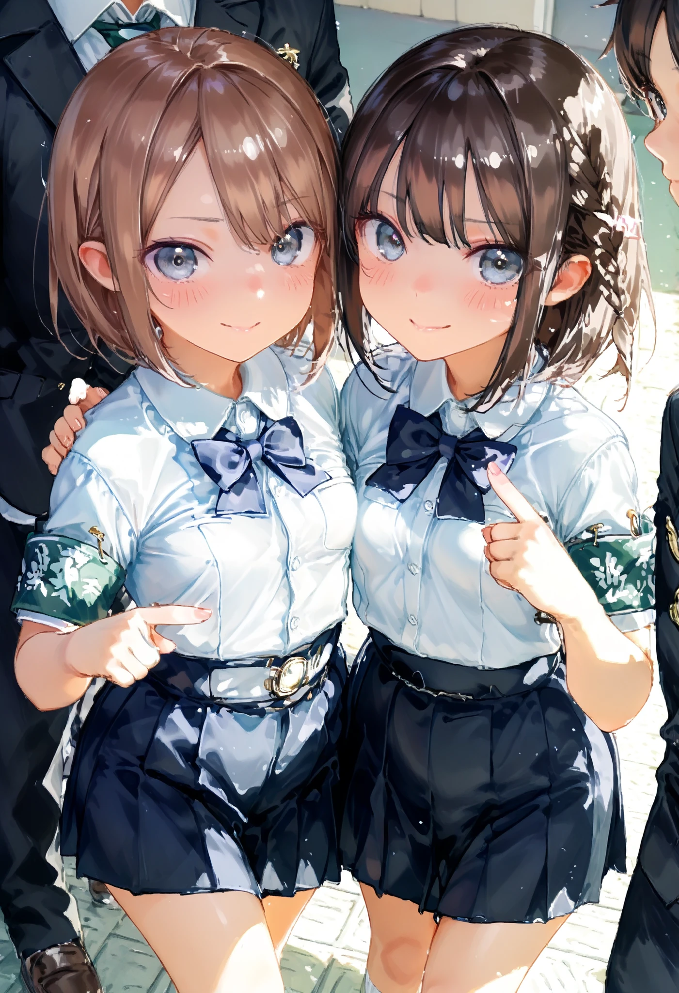 Little Girl with High Pressure Discipline Chairman，(((Chairman of the Discipline Committee's armband)))，About 150 centimeters,charismatic presence, Tall Boys Surrounding Her Surrounding Her Surrounding Area,Pointing and Instructing,4K High Resolution,High Dynamic Range,brown hair，shortcuts，unkempt hair，Short braided hair，Neat，slender beauty，correct attitude，small breasted，beautiful legs，The enchanting gray-blue eyes shine like stars，Saggy Eyes，Brilliant Colors,beautiful eyes,A delicate smile,Textured Skin,BEST QUALITY THE BEST,gentle and beautiful woman,anime style､Super Realistic Digital Illustration with Excellent Detail Description,Deep Tones,Dramatic Lighting,Precise Texturing，Little Girl with High Pressure Discipline Chairman, Chairman of the Discipline Committee's armband, About 150 centimeters, charismatic presence, Pointing at the Students, Confrontation with the Student Council, The Student Council President is also a little girl, 4K Realistic Illustration, Extremely detailed down to the details, professional, Vivid Colors, Delicate Light and Shadow, Central Figure of the Disciplinary Committee, Strictly Instructing the Students, Coercive Behavior, Small but Strong Presence, Trying to solve school problems, Confrontation with the Rebellious Student Council President