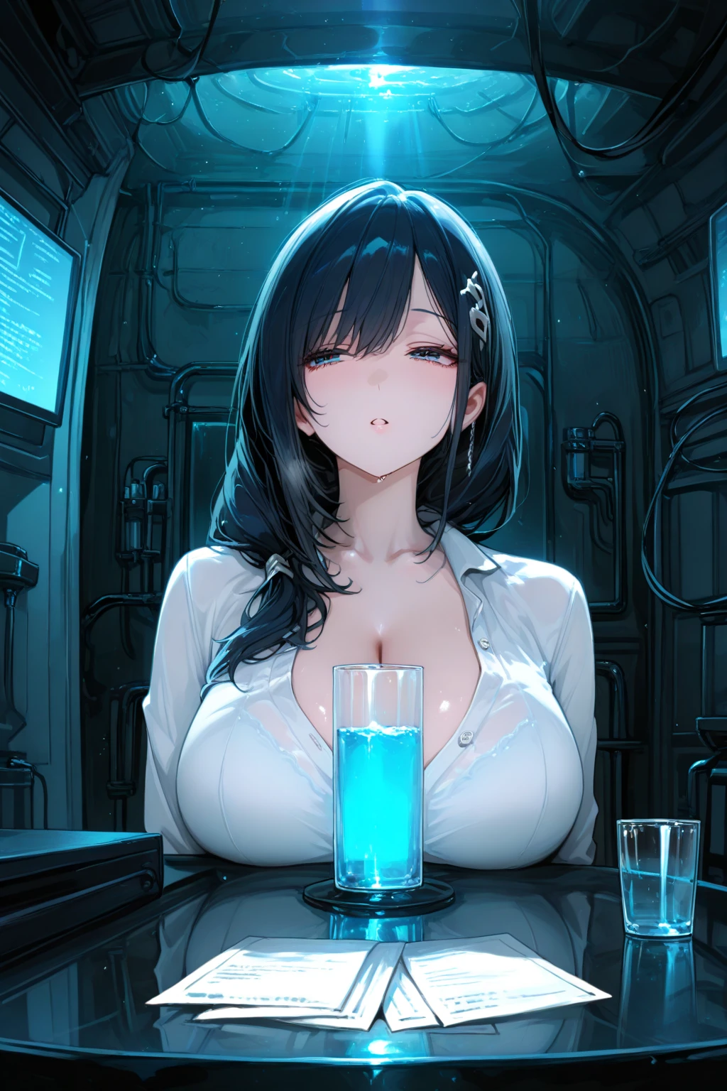 In the plane, Female flight attendant, standing, Tray in hand:1.2), (tight fit clothes:1.2), ( vest:1.4), (Wear a white vest over a :1.1), (Delicate white lingerie mini skirt 1.4), (Wear a short purple skirt over pantyhose，The  is large),(Love print on vest), (Hang the neckline:1.2),  shoulders​, Plump big breasts，Perfect body slim curves，blush，