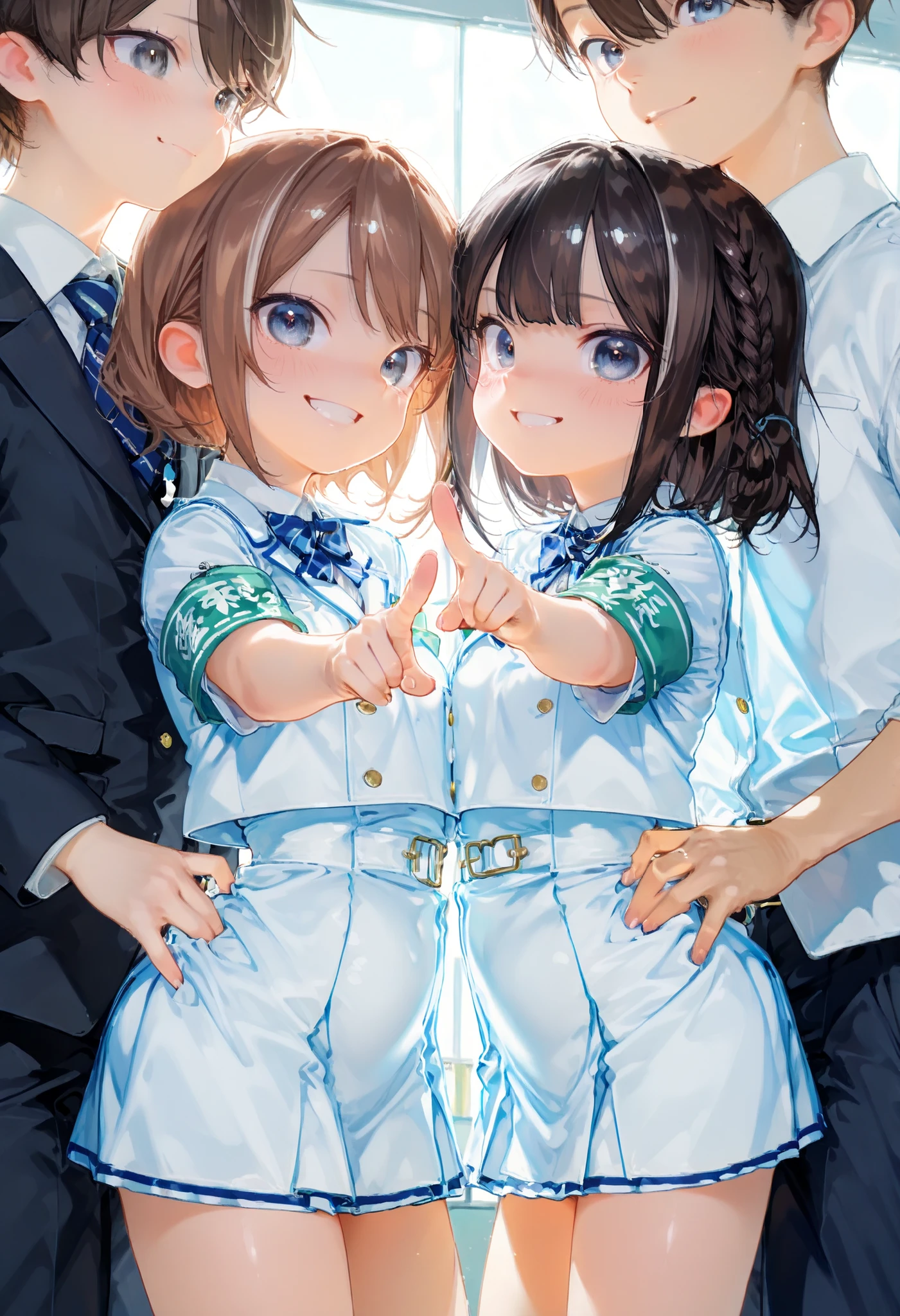 Little Girl with High Pressure Discipline Chairman,(((Chairman of the Discipline Committee's armband))),About 150 centimeters,charismatic presence, Tall Boys Surrounding Her Surrounding Her Surrounding Area,Pointing and Instructing,4K High Resolution,High Dynamic Range,brown hair,shortcuts,unkempt hair,Short braided hair,Neat,slender beauty,correct attitude,small breasted,beautiful legs,The enchanting gray-blue eyes shine like stars,Saggy Eyes,Brilliant Colors,beautiful eyes,A delicate smile,Textured Skin,BEST QUALITY THE BEST,gentle and beautiful woman,anime style、Super Realistic Digital Illustration with Excellent Detail Description,Deep Tones,Dramatic Lighting,Precise Texturing,Little Girl with High Pressure Discipline Chairman, Chairman of the Discipline Committee's armband, About 150 centimeters, charismatic presence, Pointing at the Students, Confrontation with the Student Council, The Student Council President is also a little girl, 4K Realistic Illustration, Extremely detailed down to the details, professional, Vivid Colors, Delicate Light and Shadow, Central Figure of the Disciplinary Committee, Strictly Instructing the Students, Coercive Behavior, Small but Strong Presence, Trying to solve school problems, Confrontation with the Rebellious Student Council President