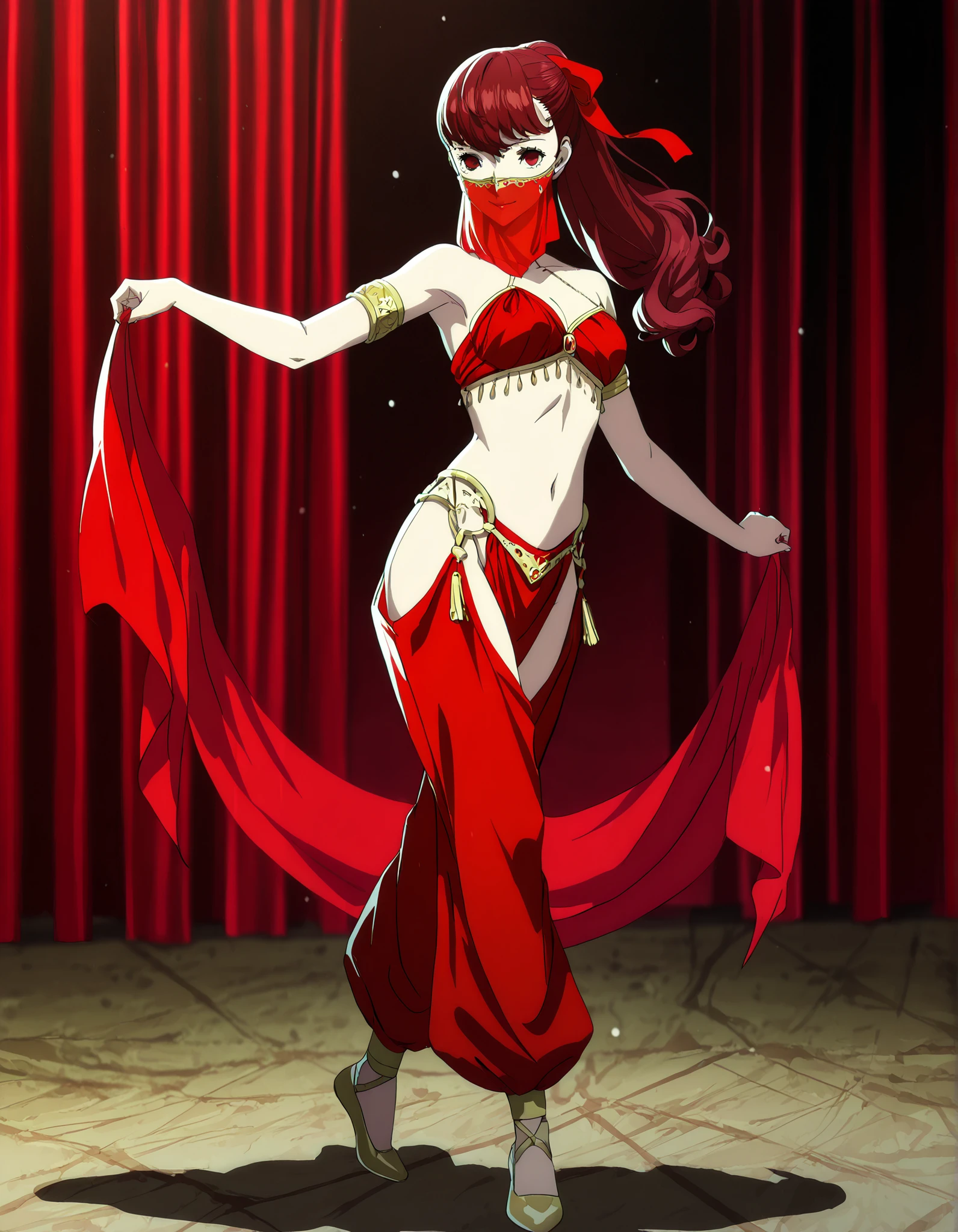 (1girl:1 . 5) , (Seul:1 . 5) , score_9 , score_8_haut , score_7_haut , source_anime , Official work , ultra-detailed , masterpiece , best quality , high resolution , beaux yeux , detailed eyes , Detailed face , beautiful detailed eyes,1girl, long hair, ponytail, red bow,red hair, red eyes,Persona,Yoshizawa Kasumi,Arabian Clothes , Arabian Dancer Outfit ,belly dancer costume,belly dancer outfit ,full body,golden jewelery,mouth veil,armlet, belly dancing,arabian theater,seductive smile, dancing with veil, dynamic movement,dance posture, seductive pose