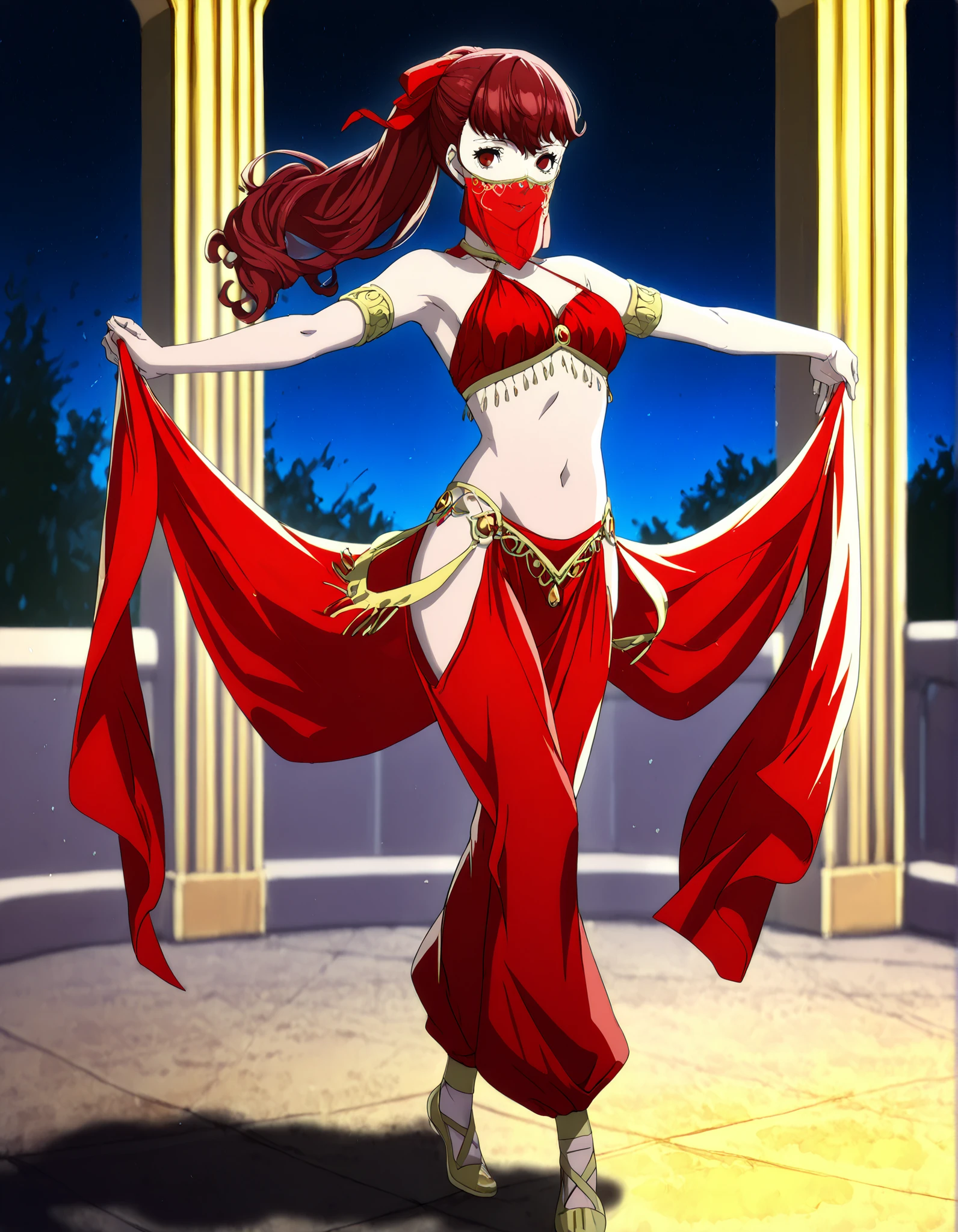 (1girl:1 . 5) , (Seul:1 . 5) , score_9 , score_8_haut , score_7_haut , source_anime , Official work , ultra-detailed , masterpiece , best quality , high resolution , beaux yeux , detailed eyes , Detailed face , beautiful detailed eyes,1girl, long hair, ponytail, red bow,red hair, red eyes,Persona,Yoshizawa Kasumi,Arabian Clothes , Arabian Dancer Outfit ,belly dancer costume,belly dancer outfit ,full body,golden jewelery,mouth veil,armlet, belly dancing,night,arabian garden,seductive smile, dancing with veil, dynamic movement,dance posture, seductive pose