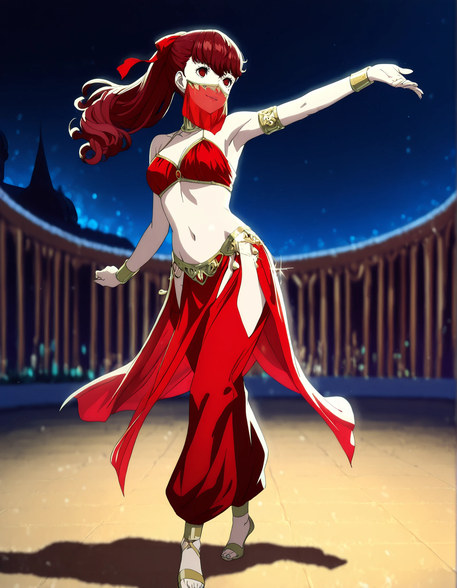 (1girl:1 . 5) , (Seul:1 . 5) , score_9 , score_8_haut , score_7_haut , source_anime , Official work , ultra-detailed , masterpiece , best quality , high resolution , beaux yeux , detailed eyes , Detailed face , beautiful detailed eyes,1girl, long hair, ponytail, red bow,red hair, red eyes,Persona,Yoshizawa Kasumi,Arabian Clothes , Arabian Dancer Outfit ,belly dancer costume,belly dancer outfit ,full body,golden jewelery,mouth veil,armlet, belly dancing,night,arabian garden,seductive smile, dancing with veil, dynamic movement,dance posture, seductive pose