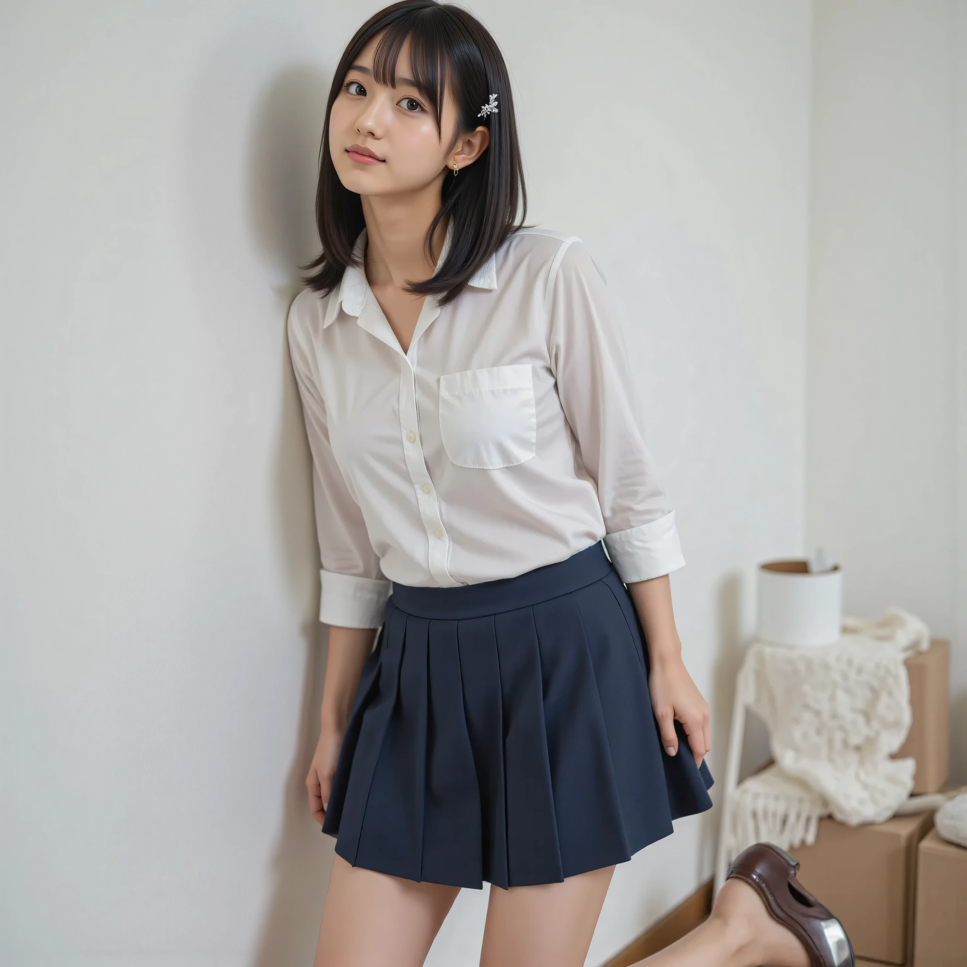 Thick lips、 dark hair、 big eyes、 Straight Medium Hair 、 Her left bangs are fastened with a silver hairpin,live-action 、authentic、 upper body、solo、 Tanned Japanese Girls、 high school students、( Dangerous Emoji )、 very tanned skin 、 beautiful pink lips、 sparkling, please show me the price .、dress shirt、 outdoors 、 navy blue knee-length mini skirt 、 barefoot and dark brown loafers 、 Leaning back and looking up 、 smiling with crescent-shaped eyes 、 white background