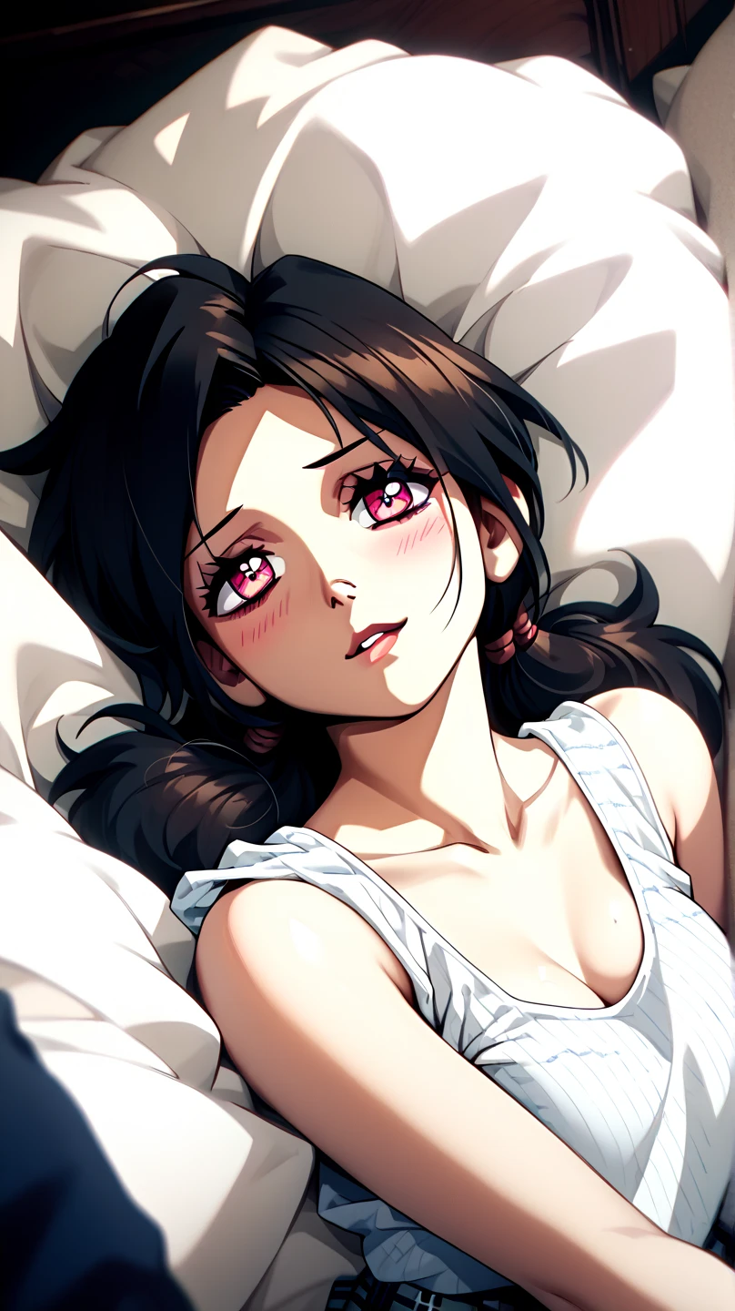 Ashley graves from The Coffin of Andy and Leyley. She is laying in her bed relaxing legs spread apart wearing a cute school plaid skirt and white tanktop, innocent and shy blushing pretty cute little petite small girl 
