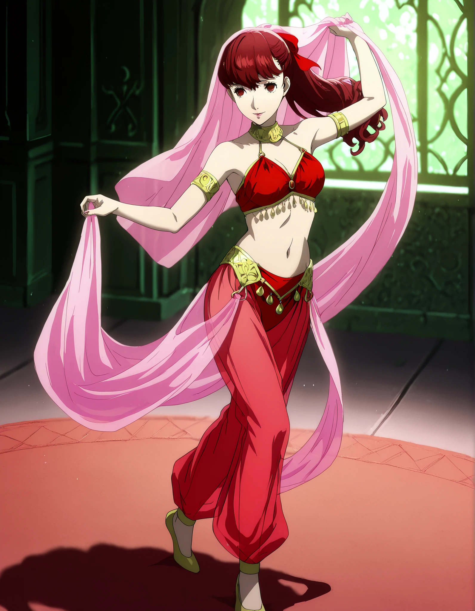 (1girl:1 . 5) , (Seul:1 . 5) , score_9 , score_8_haut , score_7_haut , source_anime , Official work , ultra-detailed , masterpiece , best quality , high resolution , beaux yeux , detailed eyes , Detailed face , beautiful detailed eyes,1girl, long hair, ponytail, red bow,red hair, red eyes,Persona,Yoshizawa Kasumi,Arabian Clothes , Arabian Dancer Outfit ,belly dancer costume,belly dancer outfit ,full body,golden jewelery,armlet, belly dancing,arabian garden,seductive smile, dancing with veil, dynamic movement,dance posture, seductive pose
