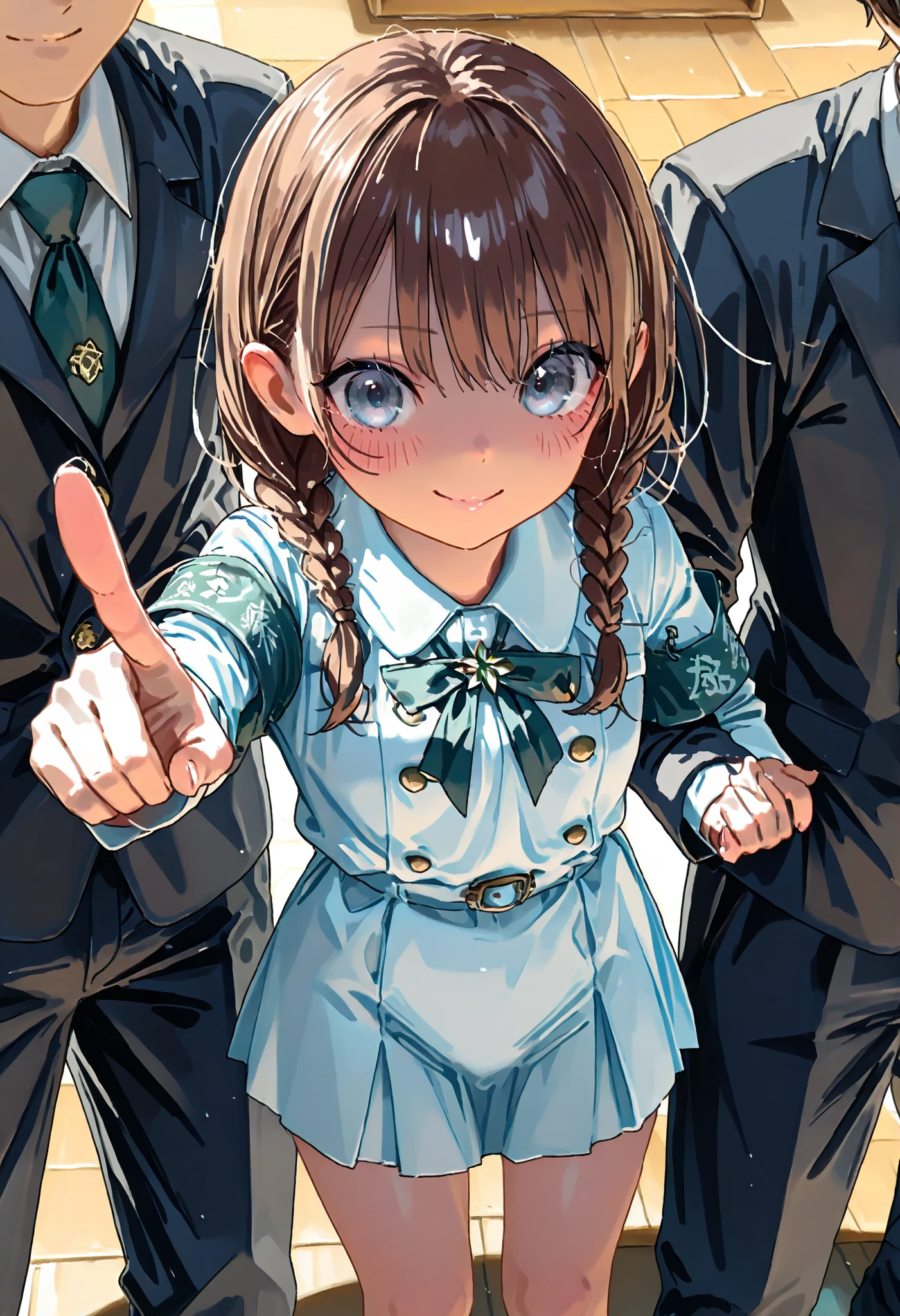 Little Girl with High Pressure Discipline Chairman,(((Chairman of the Discipline Committee's armband))),About 150 centimeters,charismatic presence, Tall Boys Surrounding Her Surrounding Her Surrounding Area,Pointing and Instructing,4K High Resolution,High Dynamic Range,brown hair,shortcuts,unkempt hair,Short braided hair,Neat,slender beauty,correct attitude,small breasted,beautiful legs,The enchanting gray-blue eyes shine like stars,Saggy Eyes,Brilliant Colors,beautiful eyes,A delicate smile,Textured Skin,BEST QUALITY THE BEST,gentle and beautiful woman,anime style、Super Realistic Digital Illustration with Excellent Detail Description,Deep Tones,Dramatic Lighting,Precise Texturing,Little Girl with High Pressure Discipline Chairman, Chairman of the Discipline Committee's armband, About 150 centimeters, charismatic presence, Pointing at the Students, 4K Realistic Illustration, Extremely detailed down to the details, professional, Vivid Colors, Delicate Light and Shadow, Central Figure of the Disciplinary Committee, Strictly Instructing the Students, Coercive Behavior, Small but Strong Presence, Trying to solve school problems
