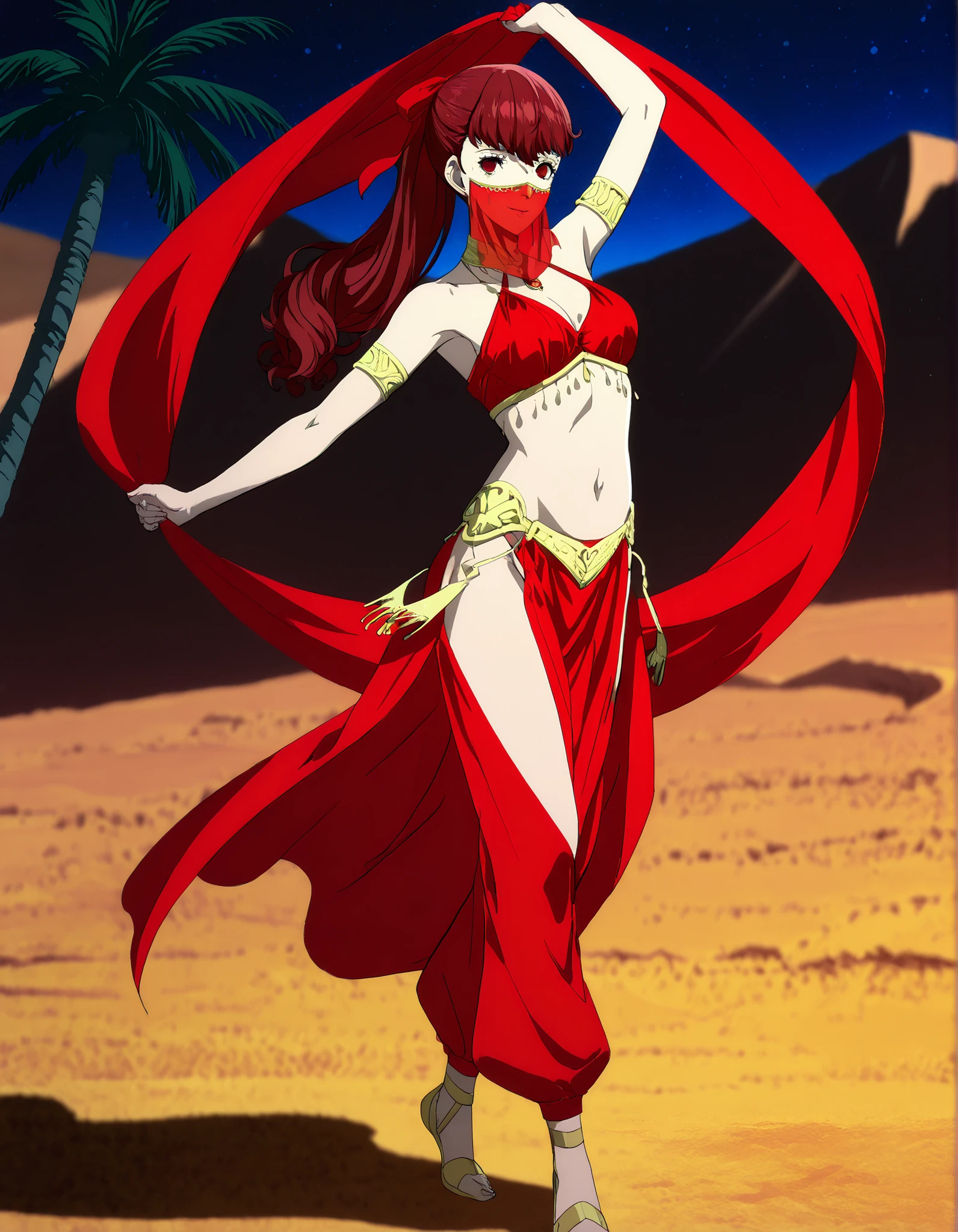 (1girl:1 . 5) , (Seul:1 . 5) , score_9 , score_8_haut , score_7_haut , source_anime , Official work , ultra-detailed , masterpiece , best quality , high resolution , beaux yeux , detailed eyes , Detailed face , beautiful detailed eyes,1girl, long hair, ponytail, red bow,red hair, red eyes,Persona,Yoshizawa Kasumi,Arabian Clothes , Arabian Dancer Outfit ,belly dancer costume,belly dancer outfit ,full body,golden jewelery,mouth veil,armlet, belly dancing,night,desert lands,palm tree,seductive smile, dancing with veil, dynamic movement,dance posture, seductive pose