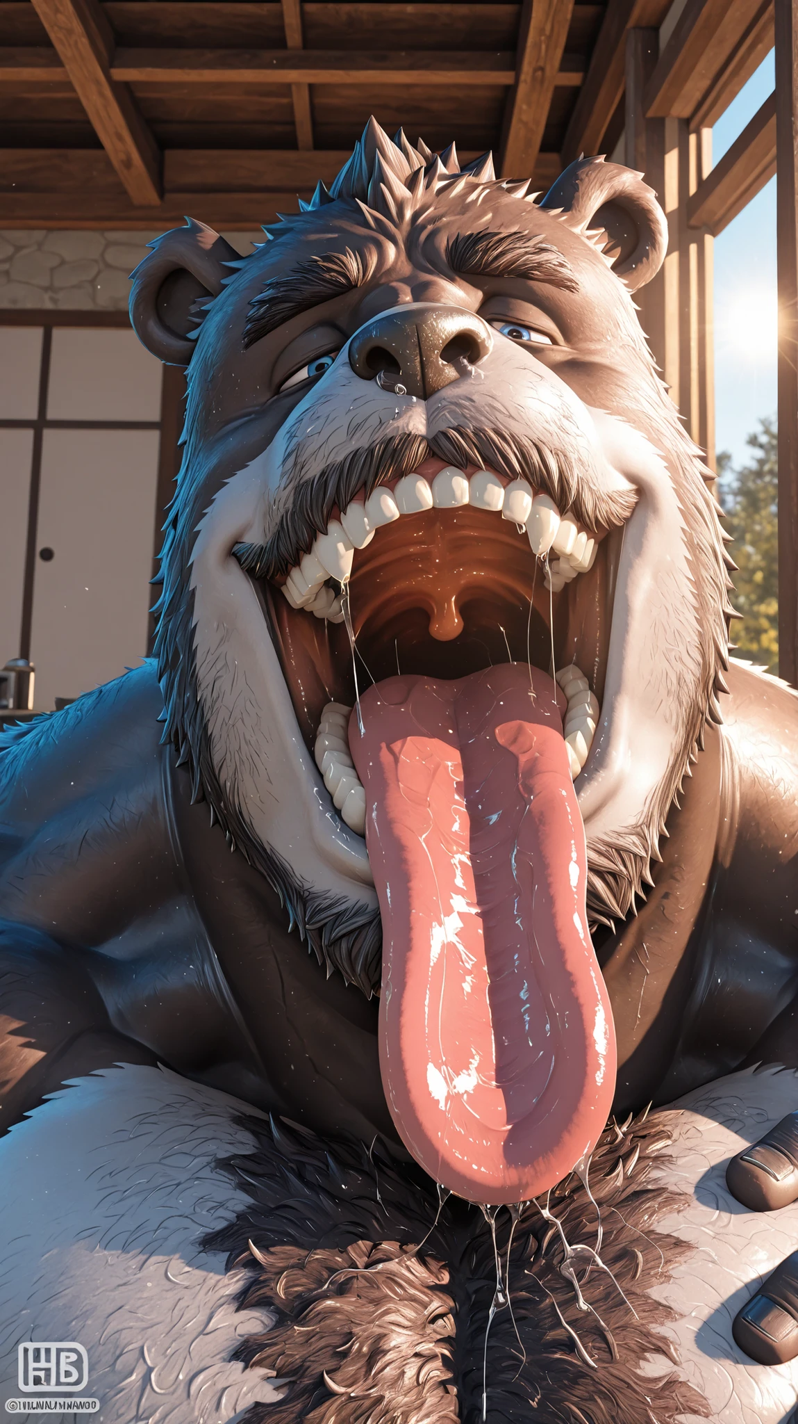 hairy, panda bear, has horns,chubby, thick arms , strong muscles ,chubby face, Black eyebrows,sky blue eyes,beard, ironic smile , chest and belly , ,lie down, Sunlight , opens its big mouth and sticks out its thick and wide tongue close to a man's face, tongue with a lot of saliva wetting the man's face, Open the huge mouth in front of the man, there's a lot of saliva in your mouth , Open the huge mouth close to the man, stick out the entire tongue close to the man's face , your tongue is big and covered with saliva , he has too much saliva in his mouth , Open your giant mouth y saca toda la lengua ancha, your tongue is huge and too wide ( 4k image) ( 3D image) ( man enters his head inside the gorilla's mouth) ( Tongue with a lot of saliva) ( tongue on top of a man's chest ) ( tongue licks a man's chest ) ( Open your giant mouth) ( thick lips ) ( opens all his huge mouth ) ( chest and face bathed in saliva ) ( Tongue licking man's chest )