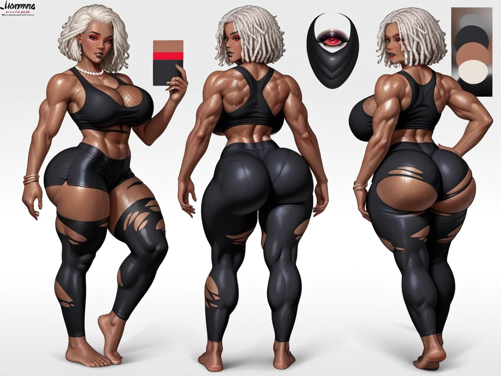 ((character design sheet)),((full body view)),1 Same Girl , Perfect Beautiful , ((bald head)) ,(dark orange skin), ((android woman)),( metallic android , Black leather Dress , Athletic Body , ((????????????????)), Realistic Lighting, Dark Vibe , Crowd , Gothic Makeup , Gothic Tattoo , Posing Like a Model , Look at Viewer, simple background,