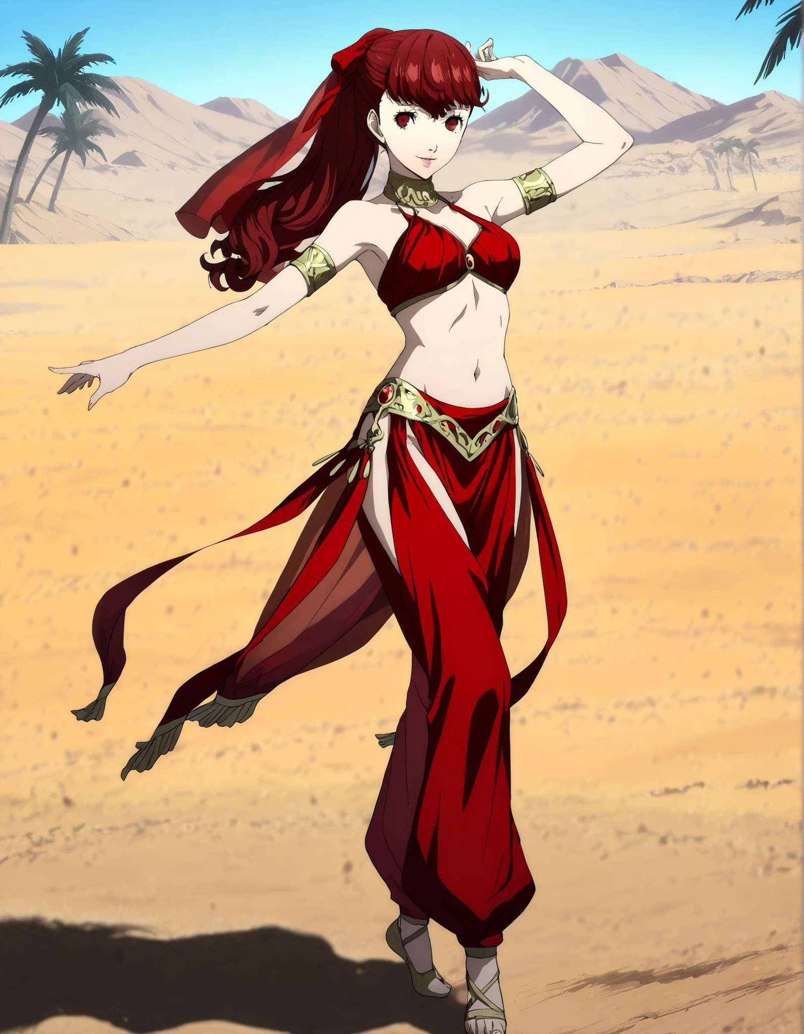 (1girl:1 . 5) , (Seul:1 . 5) , score_9 , score_8_haut , score_7_haut , source_anime , Official work  , ultra-detailed , masterpiece , best quality , high resolution , beaux yeux , detailed eyes , Detailed face , beautiful detailed eyes,1girl, long hair, ponytail, red bow,red hair, red eyes,Persona,Yoshizawa Kasumi,Arabian Clothes , Arabian Dancer Outfit ,belly dancer costume,belly dancer outfit ,full body,golden jewelery,armlet, belly dancing,desert lands,palm tree,seductive smile, dancing with veil, dynamic movement,dance posture, seductive pose