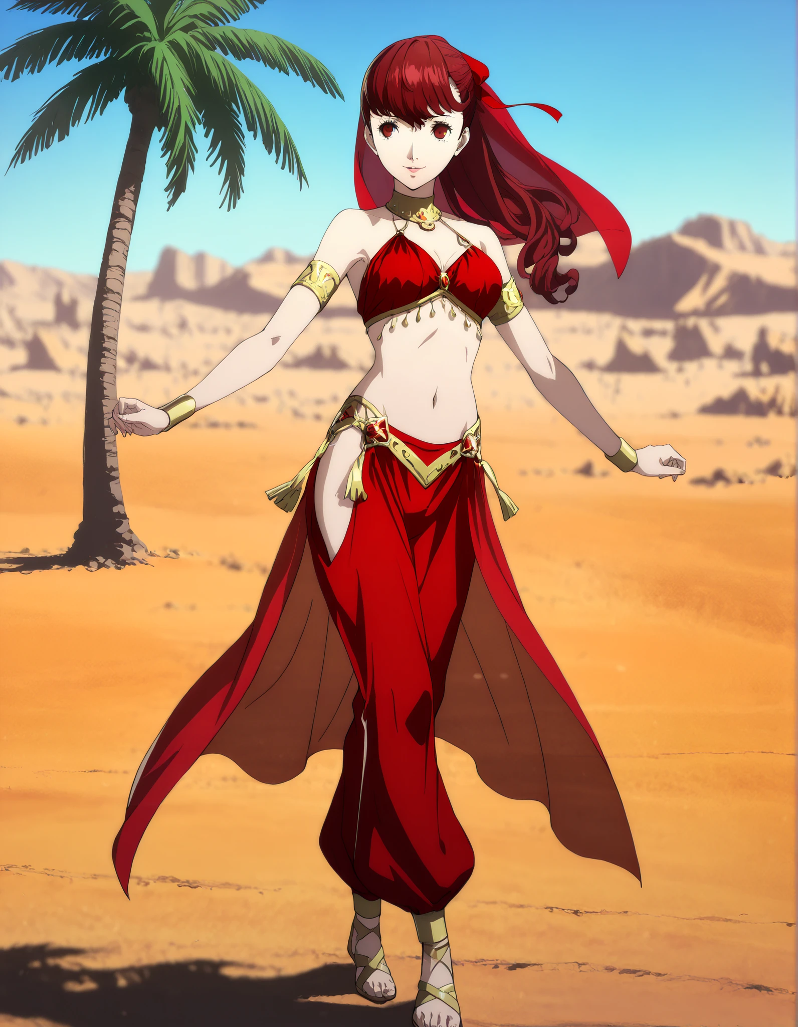 (1girl:1 . 5) , (Seul:1 . 5) , score_9 , score_8_haut , score_7_haut , source_anime , Official work  , ultra-detailed , masterpiece , best quality , high resolution , beaux yeux , detailed eyes , Detailed face , beautiful detailed eyes,1girl, long hair, ponytail, red bow,red hair, red eyes,Persona,Yoshizawa Kasumi,Arabian Clothes , Arabian Dancer Outfit ,belly dancer costume,belly dancer outfit ,full body,golden jewelery,armlet, belly dancing,desert lands,palm tree,seductive smile, dancing with veil, dynamic movement,dance posture, seductive pose