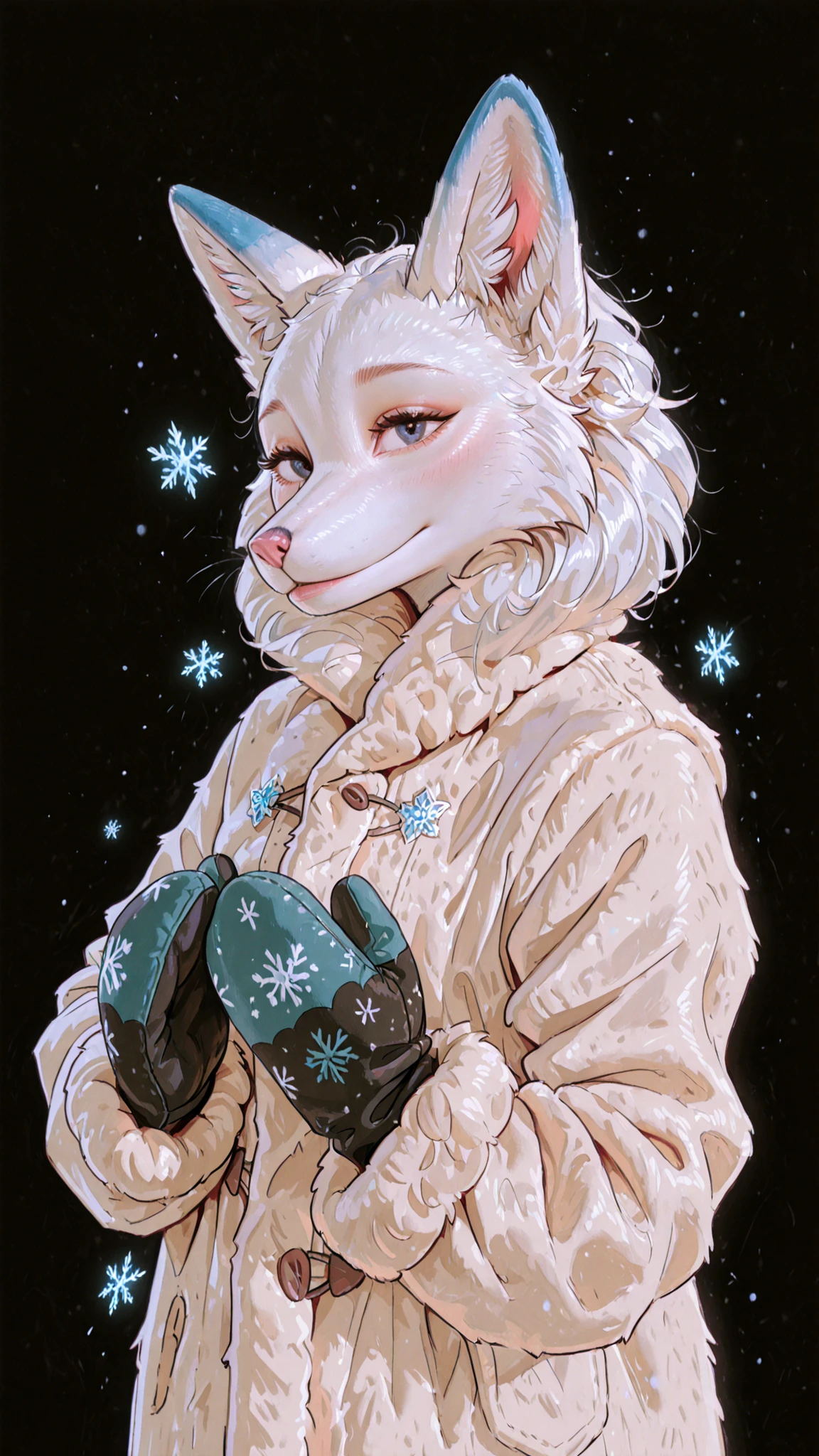 snowflakes, black background, realistic, anthro, fox, looks at the viewer, sheepskin coat, mittens,