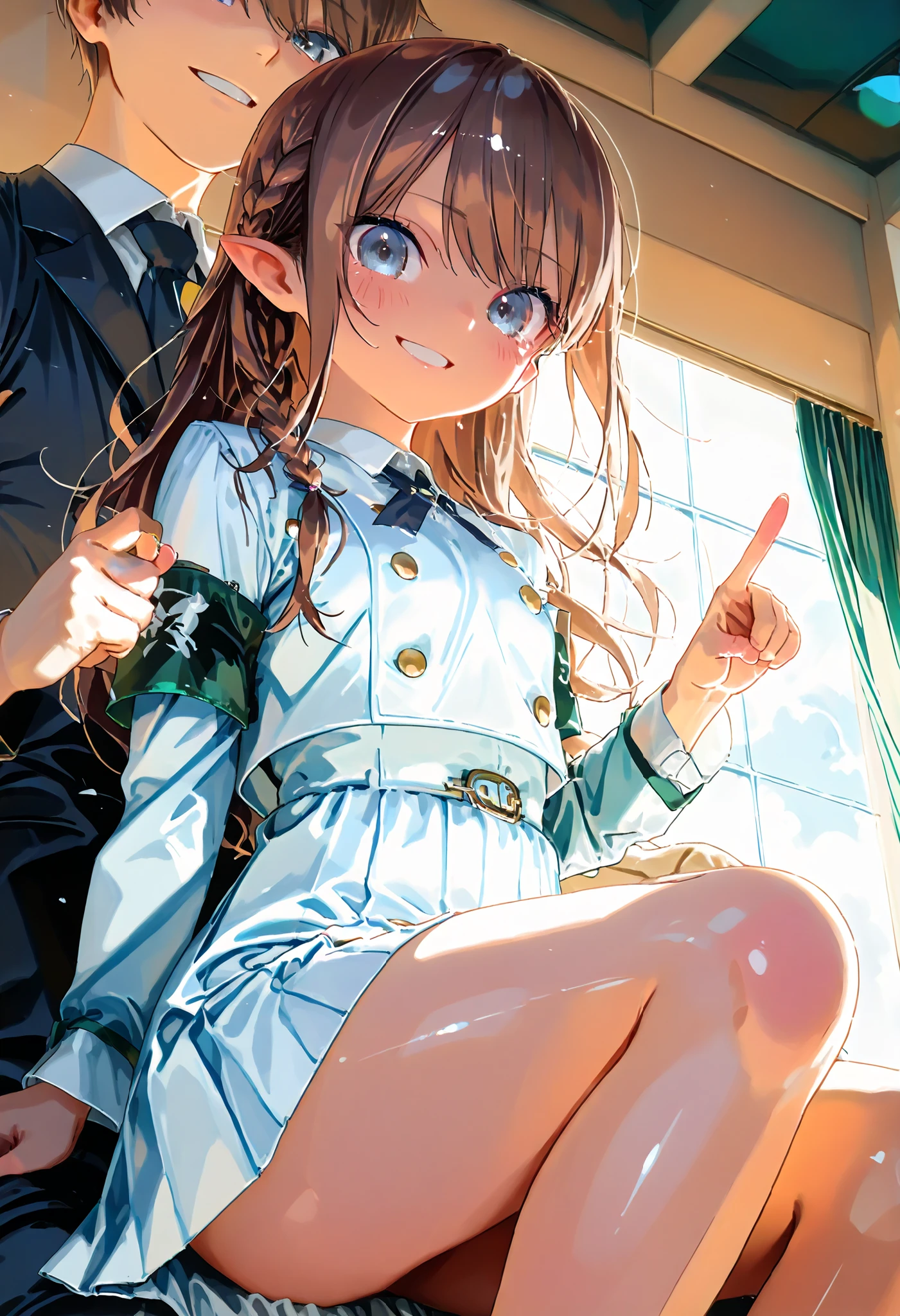 Little Girl with High Pressure Discipline Chairman,((from below:1.2)),(((Chairman of the Discipline Committee's armband))),About 150 centimeters,charismatic presence, Tall Boys Surrounding Her Surrounding Her Surrounding Area,Pointing and Instructing,4K High Resolution,High Dynamic Range,brown hair,shortcuts,unkempt hair,Short braided hair,Neat,slender beauty,correct attitude,small breasted,beautiful legs,The enchanting gray-blue eyes shine like stars,Saggy Eyes,Brilliant Colors,beautiful eyes,A delicate smile,Textured Skin,BEST QUALITY THE BEST,gentle and beautiful woman,anime style、Super Realistic Digital Illustration with Excellent Detail Description,Deep Tones,Dramatic Lighting,Precise Texturing,Little Girl with High Pressure Discipline Chairman, Chairman of the Discipline Committee's armband, About 150 centimeters, charismatic presence, Pointing at the Students, 4K Realistic Illustration, Extremely detailed down to the details, professional, Vivid Colors, Delicate Light and Shadow, Central Figure of the Disciplinary Committee, Strictly Instructing the Students, Coercive Behavior, Small but Strong Presence, Trying to solve school problems
