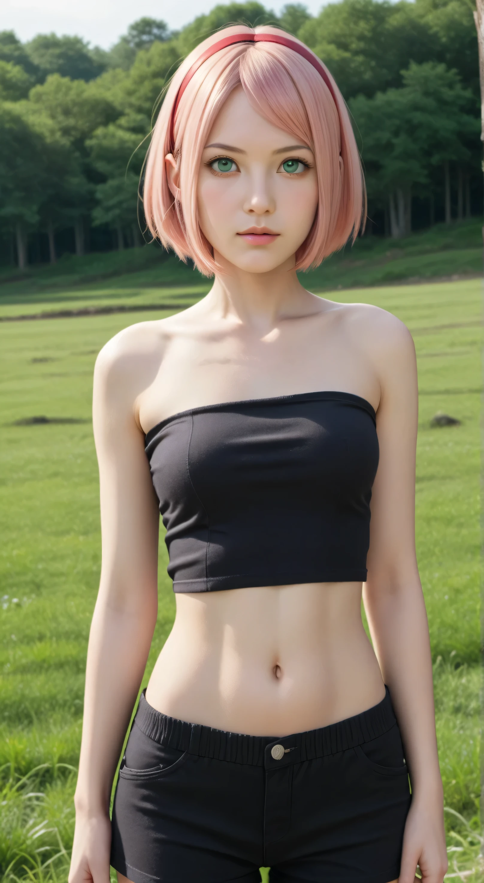 1girl, solo,haruno sakura,emerald eyes,pink hair,(short hair:1.5),outdoors,potrait,small breast,nature, standing still,sidelocks,red sunset,looking at viewer, front view,close up,black glove,(wild grass background:1.5),(wear black tube top:1.5),navel,close up,black shorts