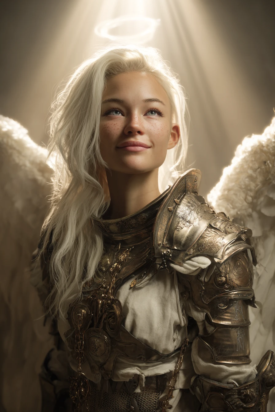 Ultra realistic photography of dbwl woman with many huge beauty marks on her natural pale white skin  ,    (medium shot:1.1) ,  (full body portrait:1.3), 
 (SFW),  ((wings,( (fractal)) armor)) , upper arms,   ((in frame)),

 ((fighting stance)),  natural (  pale light blonde eyelashes) , blue eyes, medieval background,
 detailed Natural pale white skin  with (many huge round beauty marks) , smile, light pale blonde eyebrows,
 happy, clean cheeks,
detailed, natural light blonde,  outdoors, sunny, high resolution, photograph, RAW photo, fr4ctal4rmor, [[sexy]]