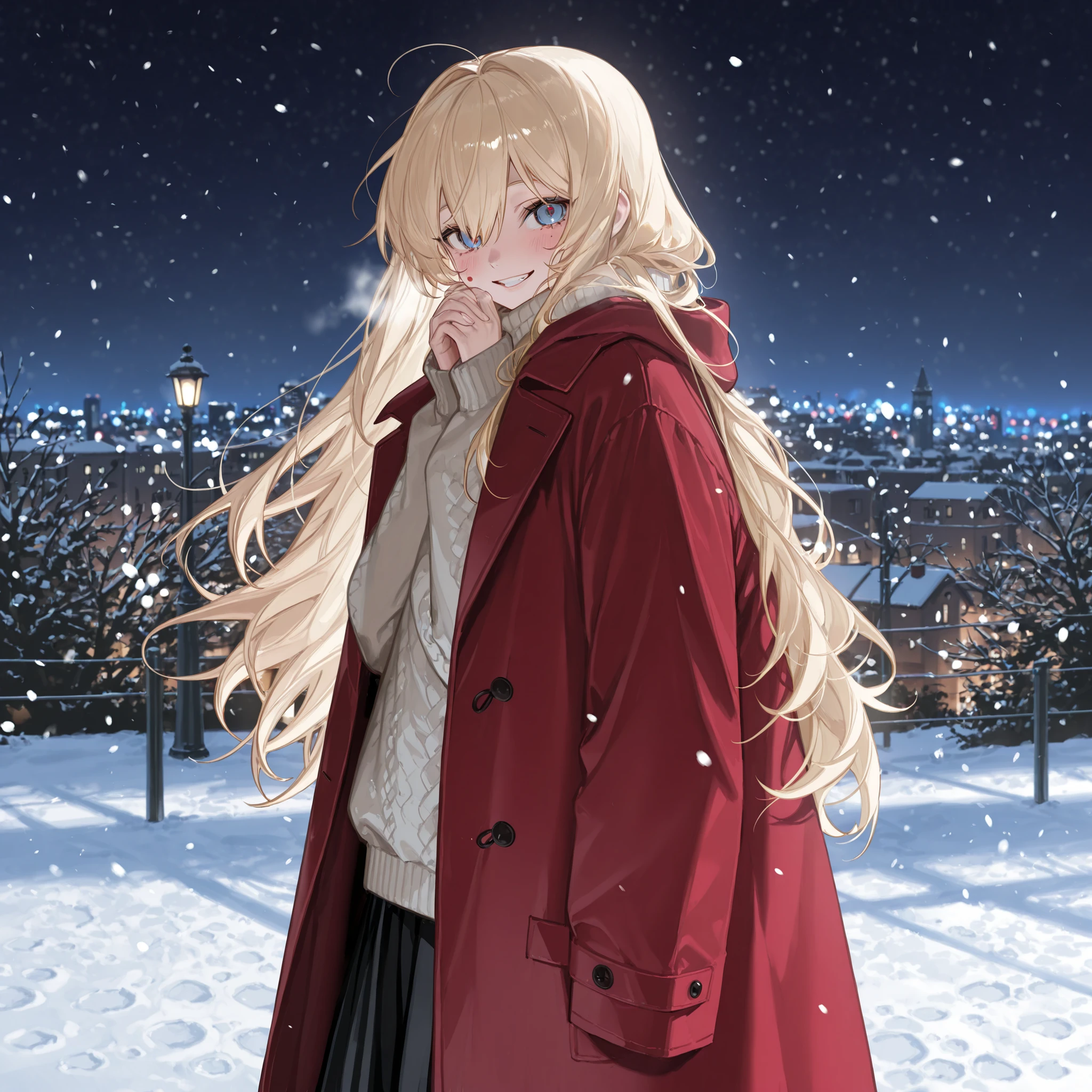 Blonde、Sharp Eyes、cool、1 girl、Highest Quality、high image quality、super detailed、blue eyes、high school students、petite physique、Long Coat、Muffler、sweater、wool long skirt、winter、in the snow、City lights、Outlook、night、Smile Yan、moment of looking back、Red cheeks、はにかむSmile Yan、
