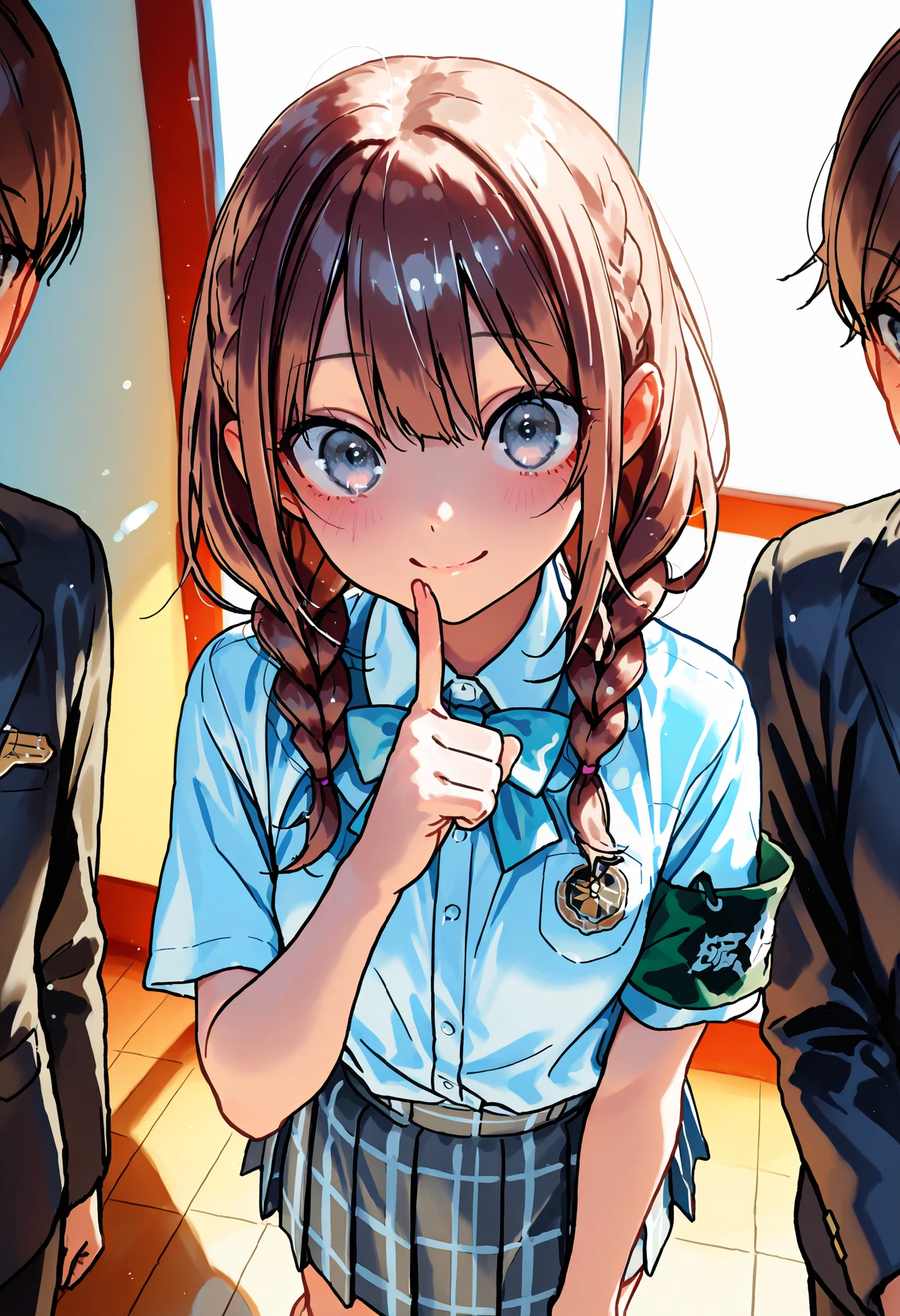 Little Girl with High Pressure Discipline Chairman,((from ↑:1.2)),(((Chairman of the Discipline Committee's armband))),About 150 centimeters,charismatic presence, Tall Boys Surrounding Her Surrounding Her Surrounding Area,Pointing and Instructing,4K High Resolution,High Dynamic Range,brown hair,shortcuts,unkempt hair,Short braided hair,Neat,slender beauty,correct attitude,small breasted,beautiful legs,The enchanting gray-blue eyes shine like stars,Saggy Eyes,Brilliant Colors,beautiful eyes,A delicate smile,Textured Skin,BEST QUALITY THE BEST,gentle and beautiful woman,anime style、Super Realistic Digital Illustration with Excellent Detail Description,Deep Tones,Dramatic Lighting,Precise Texturing,Little Girl with High Pressure Discipline Chairman, Chairman of the Discipline Committee's armband, About 150 centimeters, charismatic presence, Pointing at the Students, 4K Realistic Illustration, Extremely detailed down to the details, professional, Vivid Colors, Delicate Light and Shadow, Central Figure of the Disciplinary Committee, Strictly Instructing the Students, Coercive Behavior, Small but Strong Presence, Trying to solve school problems