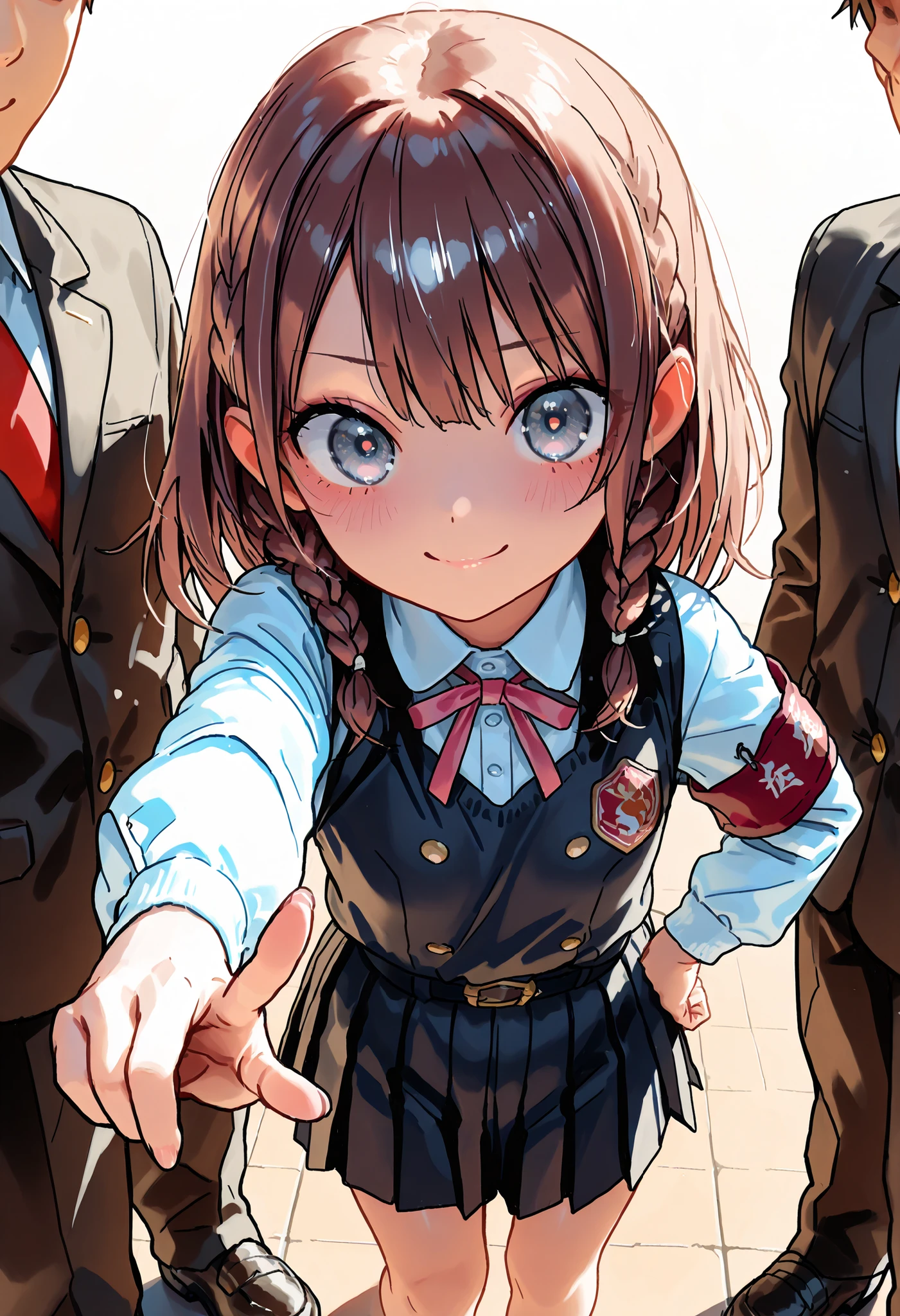 Little Girl with High Pressure Discipline Chairman,((from ↑:1.2)),(((Chairman of the Discipline Committee's armband))),About 150 centimeters,charismatic presence, Tall Boys Surrounding Her Surrounding Her Surrounding Area,Pointing and Instructing,4K High Resolution,High Dynamic Range,brown hair,shortcuts,unkempt hair,Short braided hair,Neat,slender beauty,correct attitude,small breasted,beautiful legs,The enchanting gray-blue eyes shine like stars,Saggy Eyes,Brilliant Colors,beautiful eyes,A delicate smile,Textured Skin,BEST QUALITY THE BEST,gentle and beautiful woman,anime style、Super Realistic Digital Illustration with Excellent Detail Description,Deep Tones,Dramatic Lighting,Precise Texturing,Little Girl with High Pressure Discipline Chairman, Chairman of the Discipline Committee's armband, About 150 centimeters, charismatic presence, Pointing at the Students, 4K Realistic Illustration, Extremely detailed down to the details, professional, Vivid Colors, Delicate Light and Shadow, Central Figure of the Disciplinary Committee, Strictly Instructing the Students, Coercive Behavior, Small but Strong Presence, Trying to solve school problems