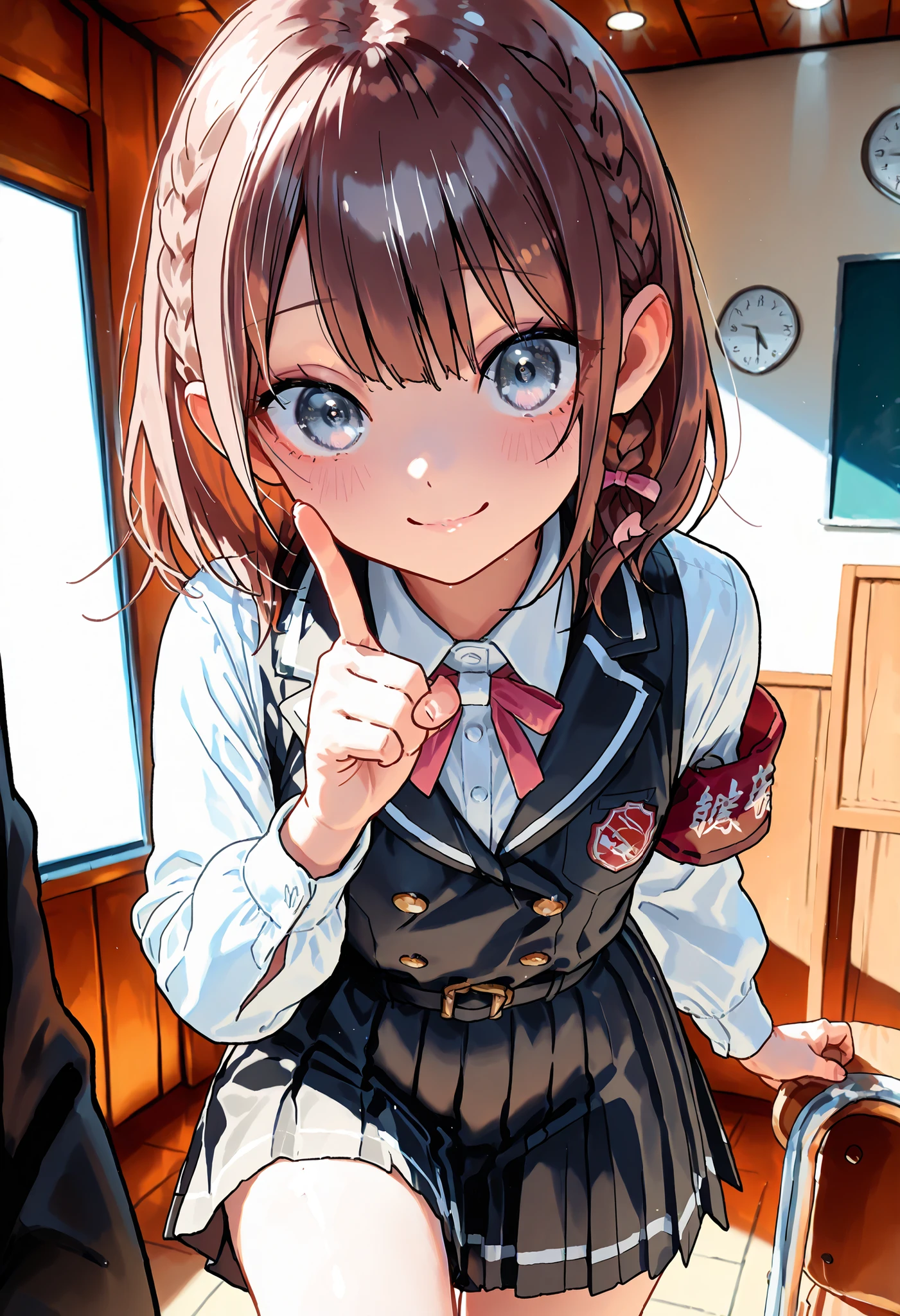 Little Girl with High Pressure Discipline Chairman,((from ↑:1.2)),(((Chairman of the Discipline Committee's armband))),About 150 centimeters,charismatic presence, Tall Boys Surrounding Her Surrounding Her Surrounding Area,Pointing and Instructing,4K High Resolution,High Dynamic Range,brown hair,shortcuts,unkempt hair,Short braided hair,Neat,slender beauty,correct attitude,small breasted,beautiful legs,The enchanting gray-blue eyes shine like stars,Saggy Eyes,Brilliant Colors,beautiful eyes,A delicate smile,Textured Skin,BEST QUALITY THE BEST,gentle and beautiful woman,anime style、Super Realistic Digital Illustration with Excellent Detail Description,Deep Tones,Dramatic Lighting,Precise Texturing,Little Girl with High Pressure Discipline Chairman, Chairman of the Discipline Committee's armband, About 150 centimeters, charismatic presence, Pointing at the Students, 4K Realistic Illustration, Extremely detailed down to the details, professional, Vivid Colors, Delicate Light and Shadow, Central Figure of the Disciplinary Committee, Strictly Instructing the Students, Coercive Behavior, Small but Strong Presence, Trying to solve school problems