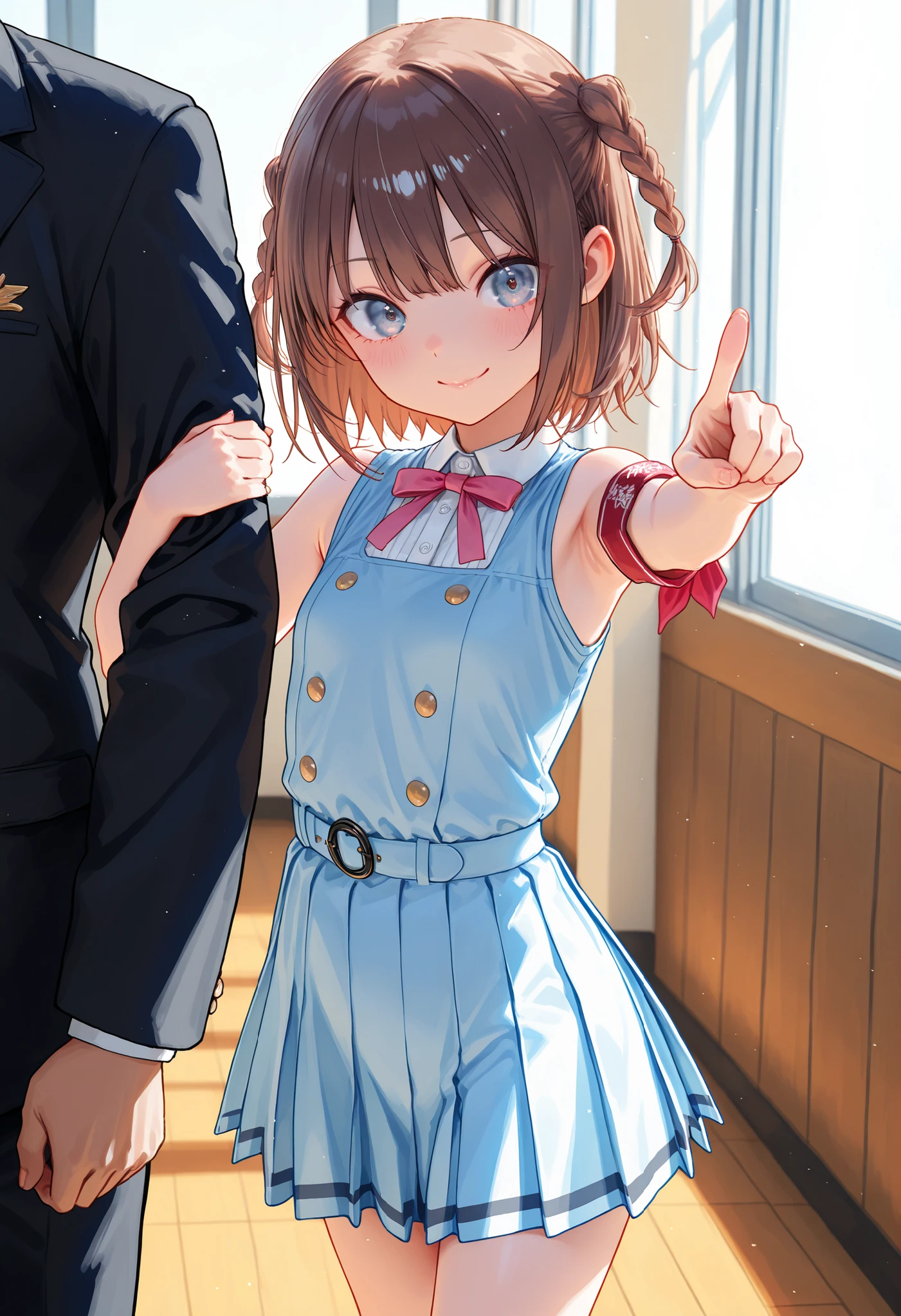Little Girl with High Pressure Discipline Chairman,((from ↑:1.2)),(((Chairman of the Discipline Committee's armband))),cowboy shot on exposed armpits,About 150 centimeters,charismatic presence, Tall Boys Surrounding Her Surrounding Her Surrounding Area,Pointing and Instructing,4K High Resolution,High Dynamic Range,brown hair,shortcuts,unkempt hair,Short braided hair,Neat,slender beauty,correct attitude,small breasted,beautiful legs,The enchanting gray-blue eyes shine like stars,Saggy Eyes,Brilliant Colors,beautiful eyes,A delicate smile,Textured Skin,BEST QUALITY THE BEST,gentle and beautiful woman,anime style、Super Realistic Digital Illustration with Excellent Detail Description,Deep Tones,Dramatic Lighting,Precise Texturing,Little Girl with High Pressure Discipline Chairman, Chairman of the Discipline Committee's armband, About 150 centimeters, charismatic presence, Pointing at the Students, 4K Realistic Illustration, Extremely detailed down to the details, professional, Vivid Colors, Delicate Light and Shadow, Central Figure of the Disciplinary Committee, Strictly Instructing the Students, Coercive Behavior, Small but Strong Presence, Trying to solve school problems