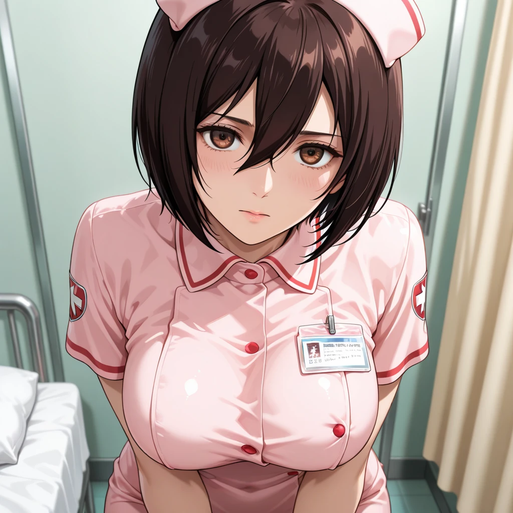 (1 girl), Little,messy hair,brown body hair,(???? face),, masterpiece, highest quality, ultra high resolution, 8k, professional lighting, photon mapping, ,(hospital),low saturation,Front view, full length, realistic background, shallow depth of field, perfect ???????,,((cute:1.5)),(10 years old:1.5)、(nurse uniform:1.6),(I was scared:1.6)、(blush:1.5),????, (:>=:1.1), (1 boy, Until a lot:1.2), corridor, Look up at the viewer with a loving gaze, (close to the viewer:1.3), (the audience is standing:1.1),((pov ????????:1.4)), ,((?????:1.8))、((???????????:1.5))、((close up of face))