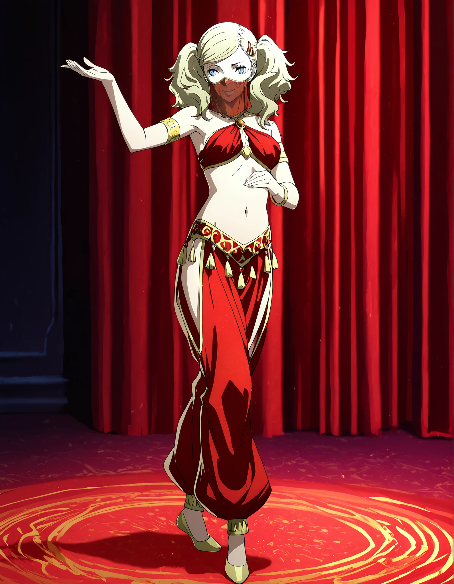 (1girl:1 . 5) , (Seul:1 . 5) , score_9 , score_8_haut , score_7_haut , source_anime , Official work , ultra-detailed , masterpiece , best quality , high resolution , beaux yeux , detailed eyes , Detailed face , beautiful detailed eyes,1girl,blonde hair, twintails, swept bangs, hairclip, blue eyes,Persona,Tamaki Ann,Arabian Clothes , Arabian Dancer Outfit ,belly dancer costume,belly dancer outfit ,full body,golden jewelery,mouth veil,armlet, belly dancing,arabian theater,seductive smile, dancing with veil, dynamic movement,dance posture, seductive pose