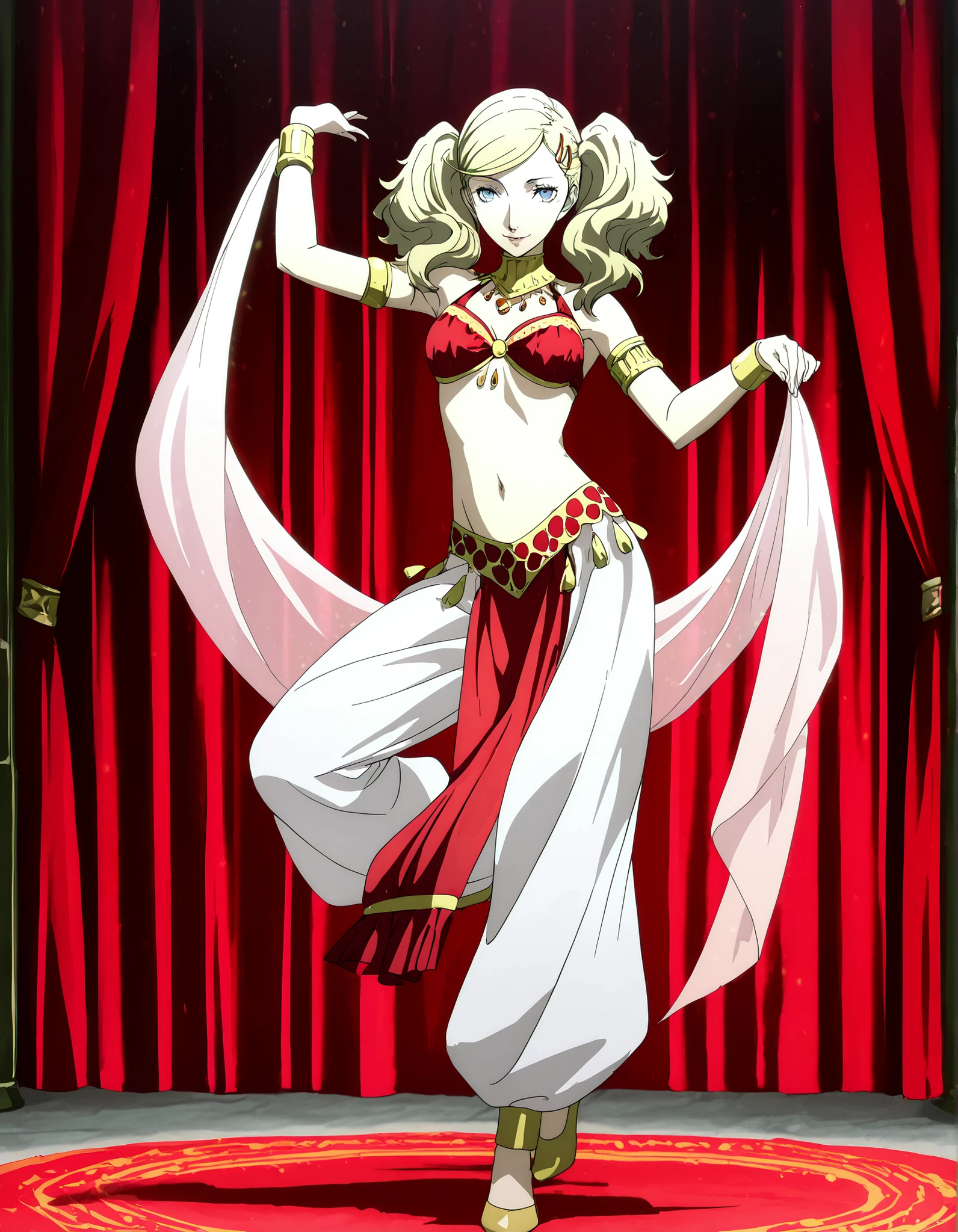 (1girl:1 . 5) , (Seul:1 . 5) , score_9 , score_8_haut , score_7_haut , source_anime , Official work , ultra-detailed , masterpiece , best quality , high resolution , beaux yeux , detailed eyes , Detailed face , beautiful detailed eyes,1girl,blonde hair, twintails, swept bangs, hairclip, blue eyes,Persona,Tamaki Ann,Arabian Clothes , Arabian Dancer Outfit ,belly dancer costume,belly dancer outfit ,full body,golden jewelery,armlet, belly dancing,arabian theater,seductive smile, dancing with veil, dynamic movement,dance posture, seductive pose