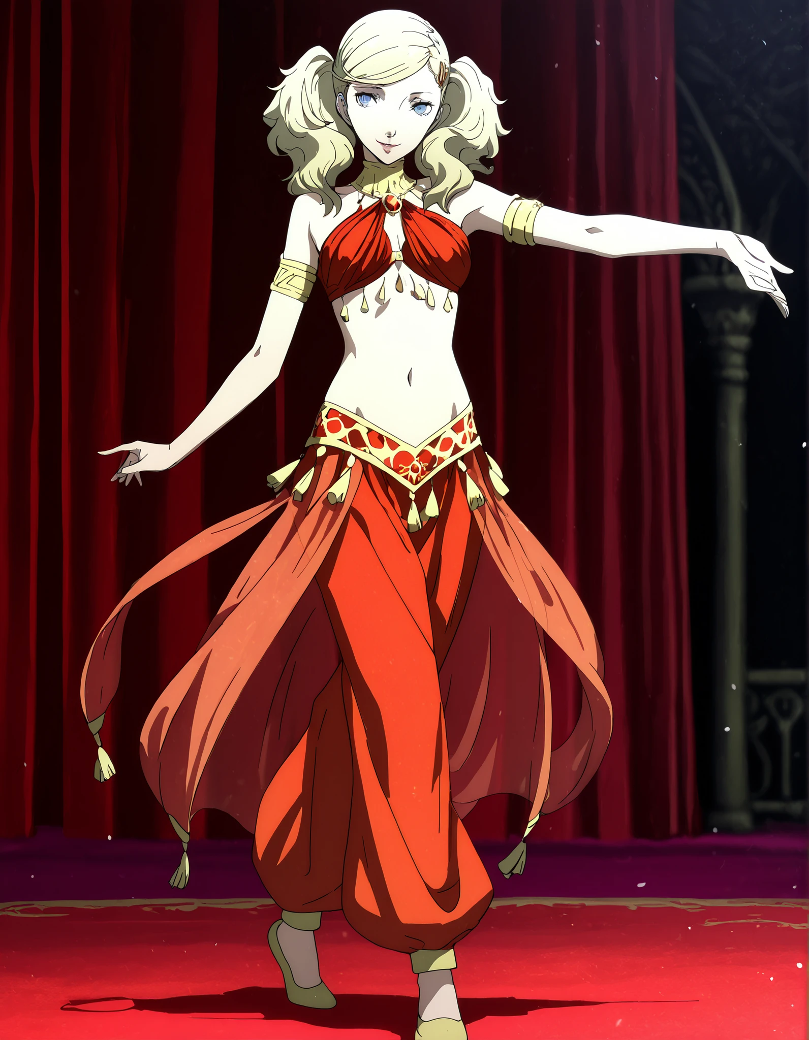 (1girl:1 . 5) , (Seul:1 . 5) , score_9 , score_8_haut , score_7_haut , source_anime , Official work , ultra-detailed , masterpiece , best quality , high resolution , beaux yeux , detailed eyes , Detailed face , beautiful detailed eyes,1girl,blonde hair, twintails, swept bangs, hairclip, blue eyes,Persona,Tamaki Ann,Arabian Clothes , Arabian Dancer Outfit ,belly dancer costume,belly dancer outfit ,full body,golden jewelery,armlet, belly dancing,arabian theater,seductive smile, dancing with veil, dynamic movement,dance posture, seductive pose