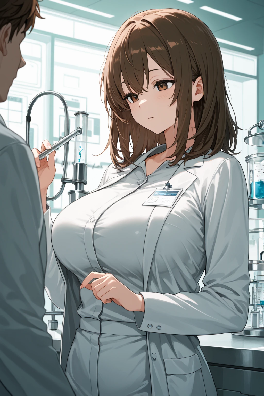 Highest quality、extremely detailed CG、One woman、27-year-old female、????????????:1.3、sagging ??????:1.3、White、white coat、white gown、Black inner shirt、Black inner shirtと白いコートを着てカメラに向かってポーズをとるアニメの女の子, (SFW) Safe at Work, ??????? covered and SFW, (doctor), chic,Whiteを着て, Cel-shaded adult animation、Brown Hair、ponytail、Health Room、学校のHealth Room、health room、sitting in a swivel chair