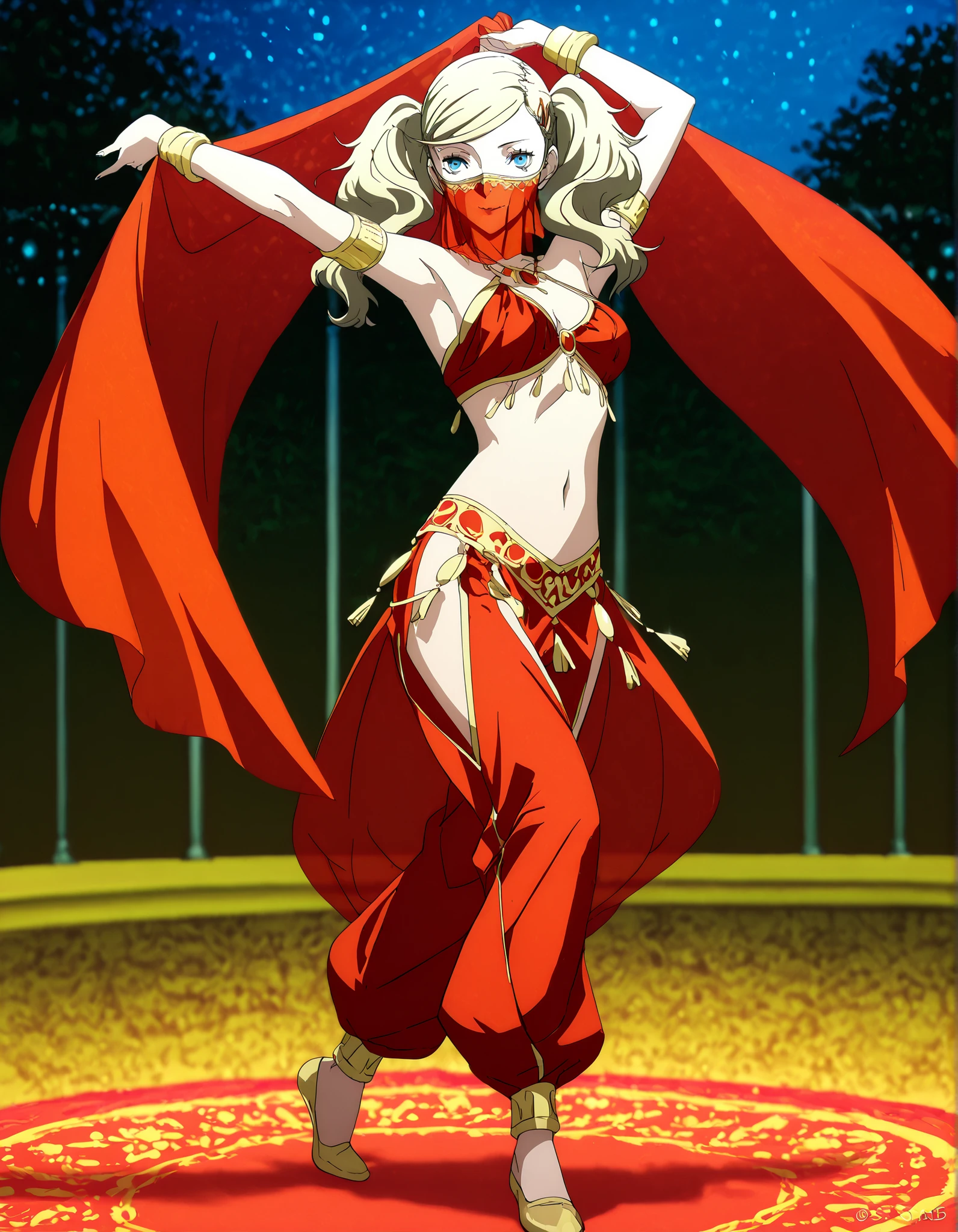 (1girl:1 . 5) , (Seul:1 . 5) , score_9 , score_8_haut , score_7_haut , source_anime , Official work , ultra-detailed , masterpiece , best quality , high resolution , beaux yeux , detailed eyes , Detailed face , beautiful detailed eyes,1girl,blonde hair, twintails, swept bangs, hairclip, blue eyes,Persona,Tamaki Ann,Arabian Clothes , Arabian Dancer Outfit ,belly dancer costume,belly dancer outfit ,full body,golden jewelery,mouth veil,armlet, belly dancing,night,arabian garden,seductive smile, dancing with veil, dynamic movement,dance posture, seductive pose