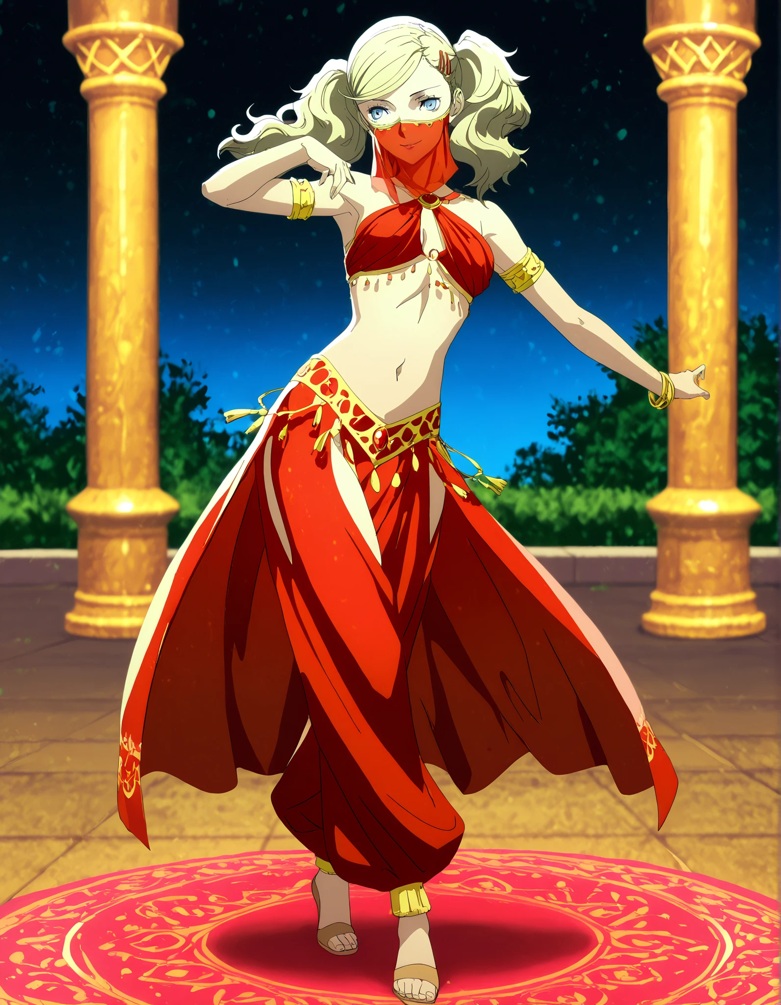 (1girl:1 . 5) , (Seul:1 . 5) , score_9 , score_8_haut , score_7_haut , source_anime , Official work , ultra-detailed , masterpiece , best quality , high resolution , beaux yeux , detailed eyes , Detailed face , beautiful detailed eyes,1girl,blonde hair, twintails, swept bangs, hairclip, blue eyes,Persona,Tamaki Ann,Arabian Clothes , Arabian Dancer Outfit ,belly dancer costume,belly dancer outfit ,full body,golden jewelery,mouth veil,armlet, belly dancing,night,arabian garden,seductive smile, dancing with veil, dynamic movement,dance posture, seductive pose