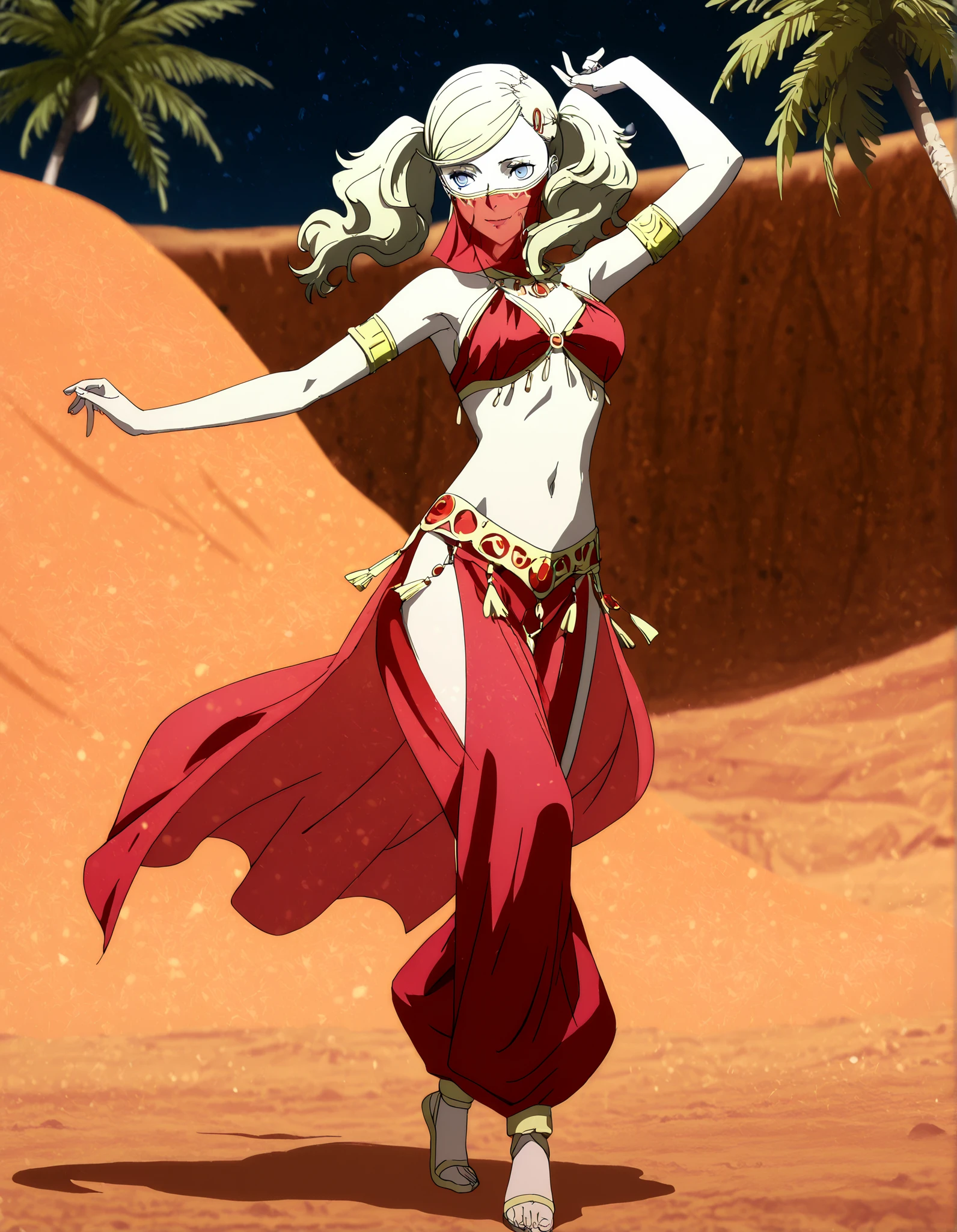 (1girl:1 . 5) , (Seul:1 . 5) , score_9 , score_8_haut , score_7_haut , source_anime , Official work , ultra-detailed , masterpiece , best quality , high resolution , beaux yeux , detailed eyes , Detailed face , beautiful detailed eyes,1girl,blonde hair, twintails, swept bangs, hairclip, blue eyes,Persona,Tamaki Ann,Arabian Clothes , Arabian Dancer Outfit ,belly dancer costume,belly dancer outfit ,full body,golden jewelery,mouth veil,armlet, belly dancing,night,desert lands,palm tree,seductive smile, dancing with veil, dynamic movement,dance posture, seductive pose