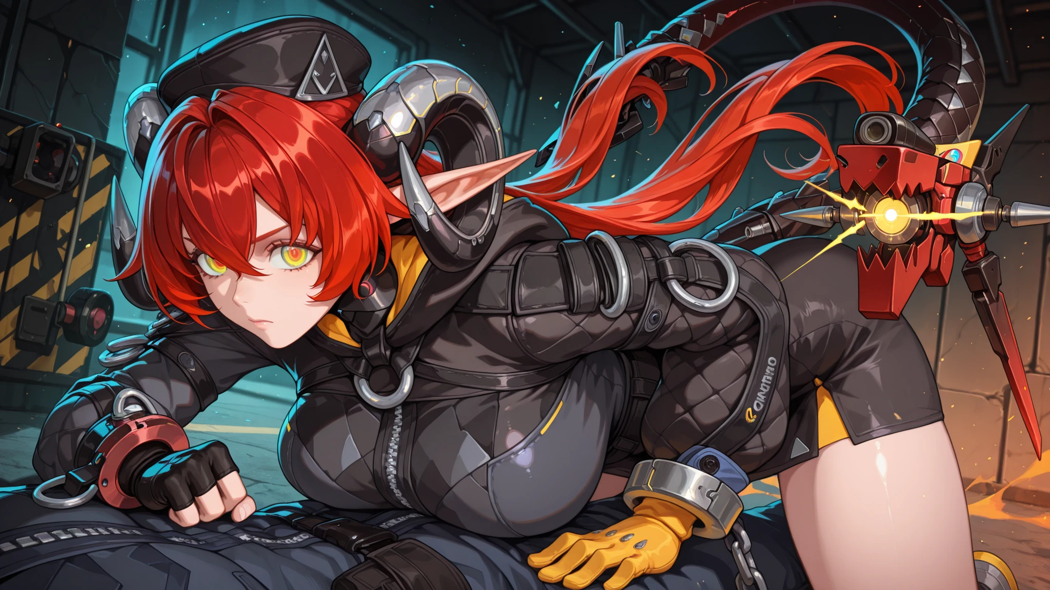 1 maiden, One, Orpheus, yellow eyes, colorful eyes, hair cavities, sharp ears, bangs, red hair, two-tailed, horns, long hair, hair between eyes, Orpheus, yellow eyes, colorful eyes, hair cavities, sharp ears, bangs, red hair, two-tailed, horns, long hair, hair between eyes, Clothing activation words:Orpheus, 1 maiden, glove, excited, long sleeves, black hat, Gives, , cuffs up to the waist, fingerless glove, black glove, skin texturing, mechanical tail, another place and pose, big breasts, sexy position, serious person, looks at the viewer, it costs straight, Military training ground, holds a knife in his hand, looks at the viewer, skirt,