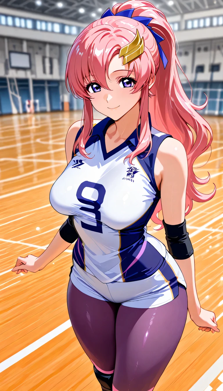 score_9, score_8_up, score_7_up, source_anime, Top Quality、8k、masterpiece、natural light、and high precision、perfect anatomy、solo, small , (sagging :1.2), (voluptuous body:1.3), lacus_c, long hair, ponytail, pink hair, hair between eyes, purple eyes, (smile, provocative、Indecent), (volleyball uniform), sportswear, elbow pads, elbow sleeve, knee pads, sleeveless, short shorts, purple shiny pantyhose, Cleavage, (volleyball court, blurry background), standing