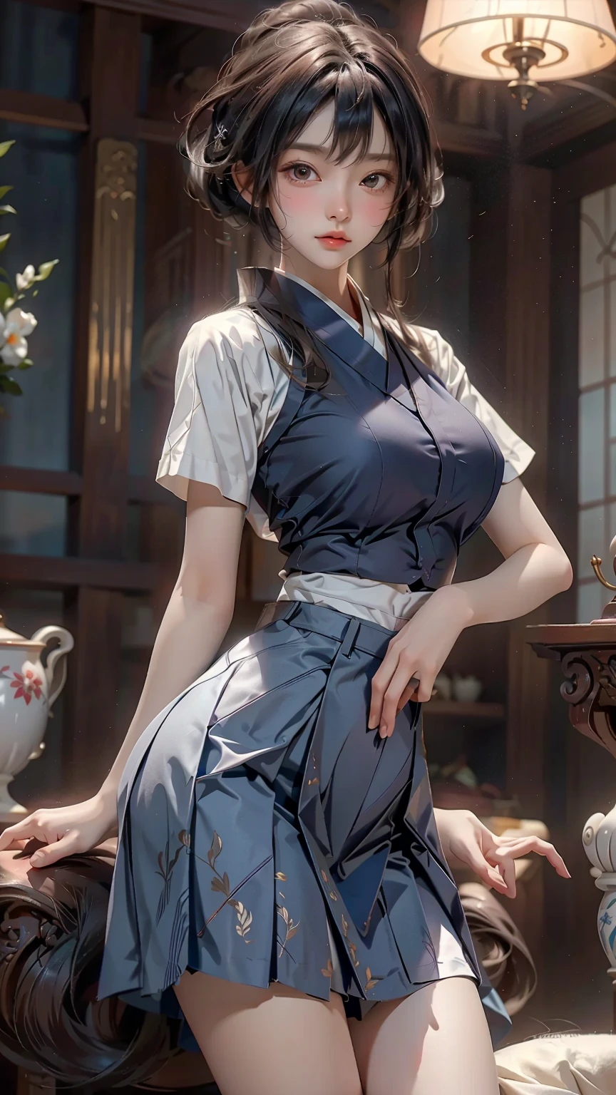 masutepiece,Best Quality,High resolution,Fine details,Solo,Adult Woman,blush,Curve,,Oily skin,(Brightly colored embroidered cheongsam),(a luxury hotel room、Changing clothes)、Dark brown longhair、Shy laughter、Stockings、Puffy 、 