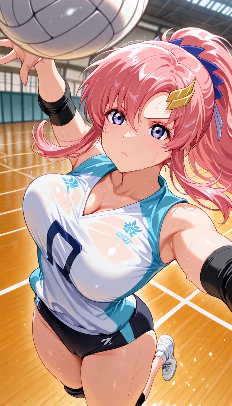 score_9, score_8_up, score_7_up, source_anime, Top Quality、8k、masterpiece、natural light、and high precision、perfect anatomy、solo, small , (sagging :1.2), (voluptuous body:1.3), lacus_c, long hair, ponytail, pink hair, hair between eyes, purple eyes, (serious expression as of the year, sweat), looking at ball, (volleyball uniform), sportswear, elbow pads, elbow sleeve, knee pads, sleeveless, (high-leg buruma:1.2), (Cleavage), , (volleyball court, blurry background), ((Dynamic pose)), volleyball Spike