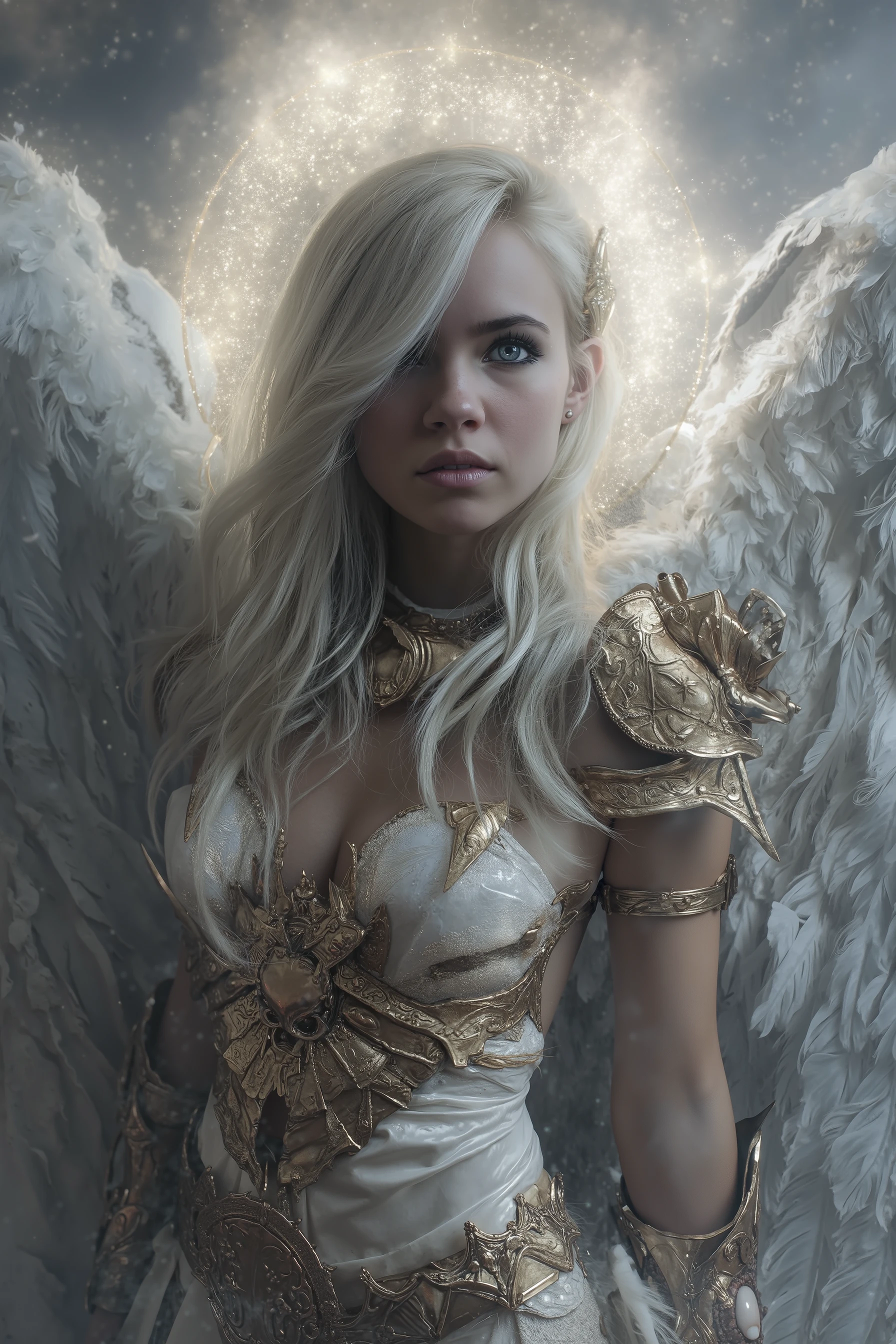A 33 year old young woman with white blond hair, standing up with godly armor. Looking at me in love, slight smile. Glowing heavenly aura around her. Glowing iris in eyes. Looking at me. Full body, breathtaking beautiful body. Like a warrior goddess. Spiritual Armor of God. Cute face. Elegant. Full body. Realistic cinematic. Cinematic lighting. (Book of revelation kindgdom of heaven style) looking at me. Like a glorious warrior. In pearl and gold kindgdom of paradise. With spiritual body, spiritual gold small crown. Warrior. Heavenly warrior. Spiritual body. Aura. Grey white glowing eyes. Eve from bible. Perfect woman. Godly woman. (Eve from book of genesis before sin. Holy)