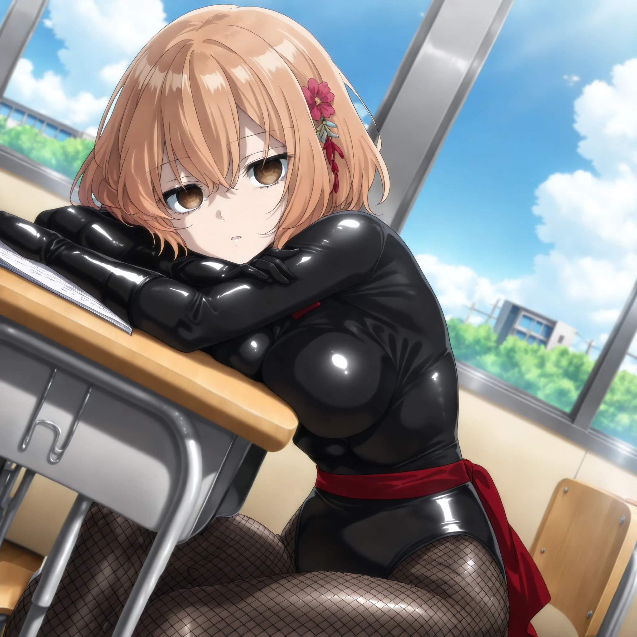 (((Masterpiece))), (((Best Quality))), ((Super Detail)), ultra-High resolution, score_9, score_8_up, score_7_up, score_6_up, score_5_up, score_4_up, BREAK, source_anime, anime screencap, uncensored, Masterpiece, (best shadow), (absurdres), (detailed background), (very aesthetic), detailed beautiful eyes, outstanding, an exquisite animation illustration, highres, dark persona, empty eyes, blank eyes, shocker, black leotard, latex elbow gloves, brown fishnet pantyhose, red sash, (((solo, 1girl))), hair ornament, anime style, anime coloring, animification, medium , yaotose hinako, hair between eyes, short hair, brown eyes, light orange hair, day, parted lips, head rest, school, classroom, expressionless, emotionless, desk, chair, sitting, petal, wind, windy, flower,  press, cinematic angle, dynamic angle, dutch angle, looking at viewer