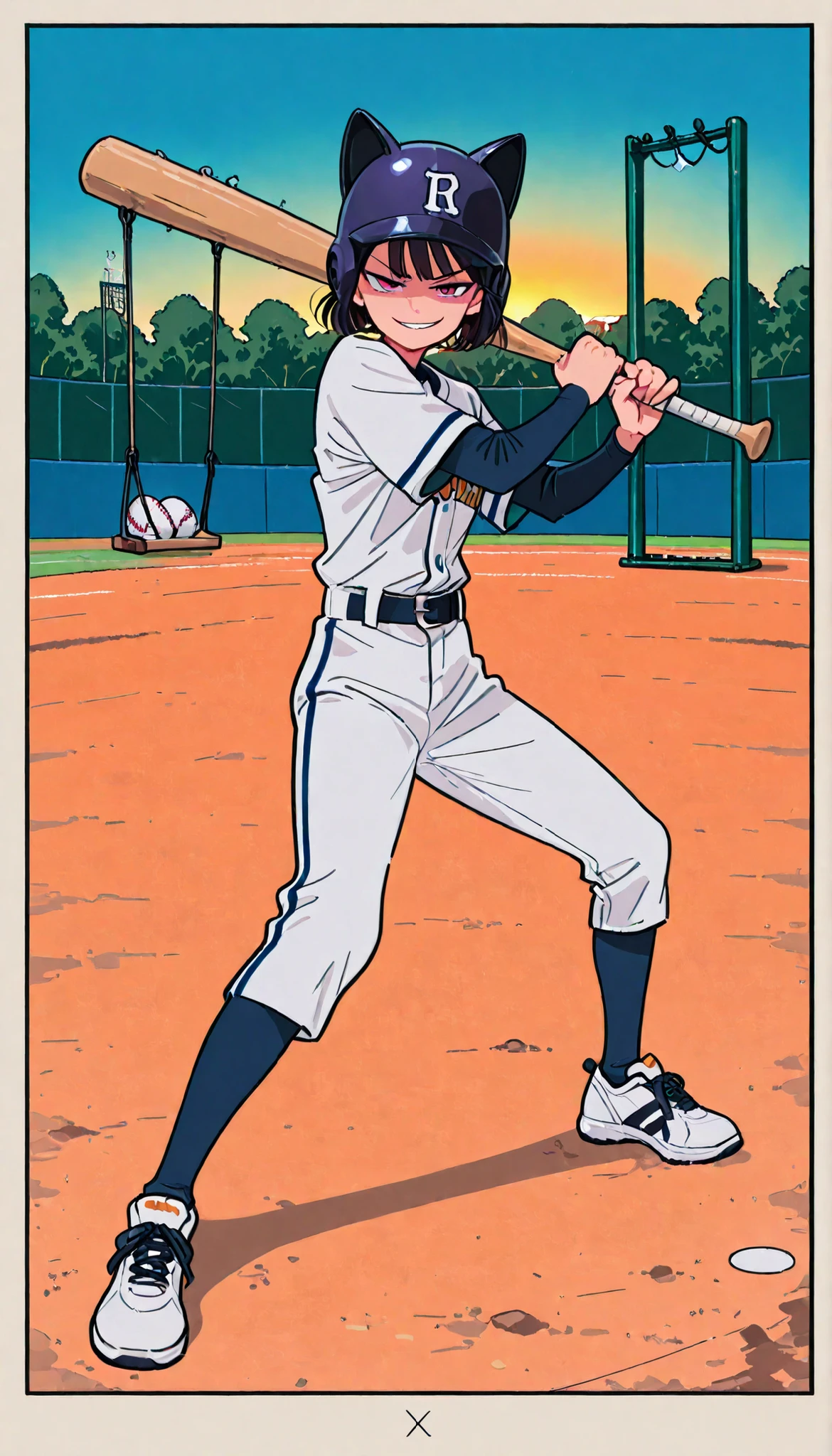 (beautiful girl with a smirking face : 1.3),1 Girl,(ARW,SUNRISE STANCE,Open your legs, Massive Weapons,perspective),(baseball player,baseball uniforms being prostituted,Helmets,Sneakers),dark hair,very short hair,serious expression as of the year,swing a wooden bat,the moment the ball hits the bat, homerun,standing,the moment the ball hits the bat dynamic angle of a baseball field,masterpiece,Highest Quality,Rich Contrast,high image quality,8k,high-definition CG unit wallpaper,texture to,Unbelievably Dumb,Raw Photos,deep border 1 .2,Very Detailed
