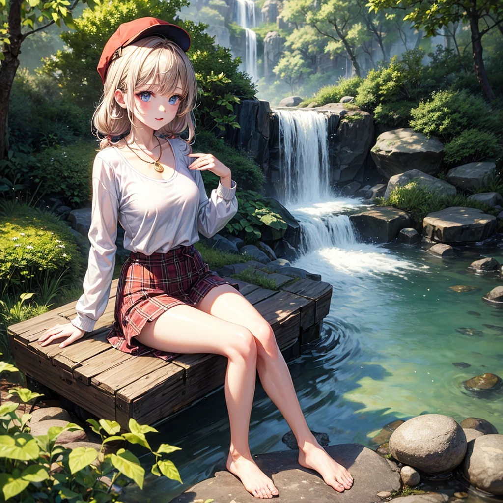 Red, brown, gold, gold hair、Golden Eyes、Hair tied up、One good looking girl、solo、anime、Checkered mini skirt、Ruffles on the skirt、camisole、Lightweight cardigan、Black knee-high socks、Wearing a baseball cap、Ribbon、Ribbon on waist、Teeth are visible、Silver coin necklace、From above、Sunflower Tunnel、Cobblestones、waterfall、Clear Stream、Have sunflowers、Midnight Moon、Winding Road、Unlocking、suspension bridge、Soap bubble