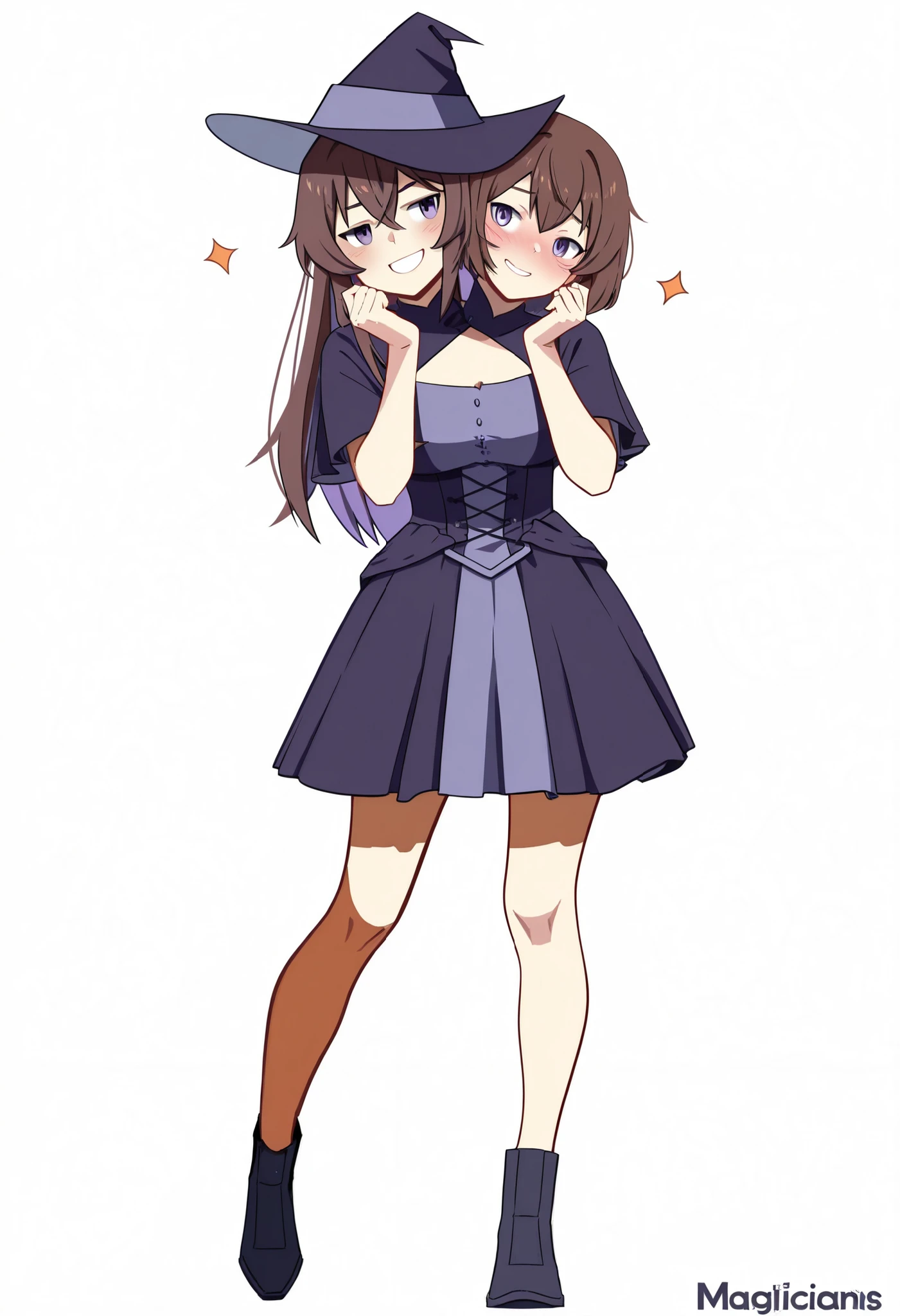 anime girl with pumpkins in her hands posing for a picture , two beautiful anime girls , 🍂 cute , anime girls , halloween art style , (anime girl) , in a halloween style , (masterpiece) , (ultra-detailed) , (high quality) , (high resolution) , (best quality:1 . 5 , highres , UHD) , highres , absurdo , ultra detail , ultra quality , ((2heads:1 . 5)) , 1girl , Ultra resolution , 16k , best quality , 1girl , ((brown hair)) , ((dark purple dress)) , , ((magicians outfit)) , gentle smile , blushing , (indigo eyes), ((2heads.)), witches hat, long hair