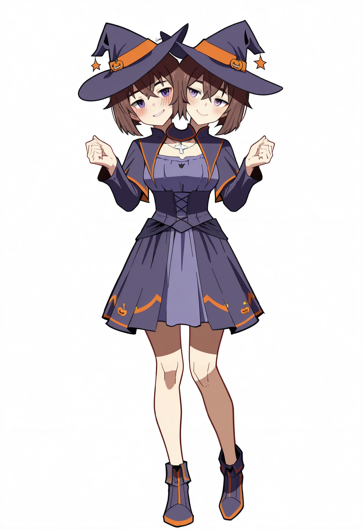 anime girl with pumpkins in her hands posing for a picture , two beautiful anime girls , 🍂 cute , anime girls , halloween art style , (anime girl) , in a halloween style , (masterpiece) , (ultra-detailed) , (high quality) , (high resolution) , (best quality:1 . 5 , highres , UHD) , highres , absurdo , ultra detail , ultra quality , ((2heads:1 . 5)) , 1girl , Ultra resolution , 16k , best quality , 1girl , ((brown hair)) , ((dark purple dress)) , , ((magicians outfit)) , gentle smile , blushing , (indigo eyes), ((2heads.)), witches hat