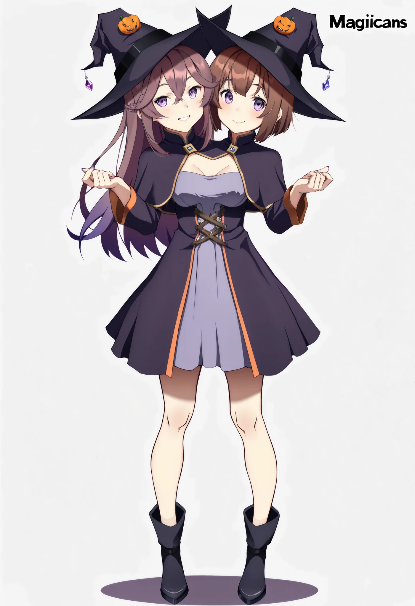 anime girl with pumpkins in her hands posing for a picture , two beautiful anime girls , 🍂 cute , anime girls , halloween art style , (anime girl) , in a halloween style , (masterpiece) , (ultra-detailed) , (high quality) , (high resolution) , (best quality:1 . 5 , highres , UHD) , highres , absurdo , ultra detail , ultra quality , ((2heads:1 . 5)) , 1girl , Ultra resolution , 16k , best quality , 1girl , ((brown hair)) , ((dark purple dress)) , , ((magicians outfit)) , gentle smile , blushing , (indigo eyes), ((2heads.)), witches hat, long hair