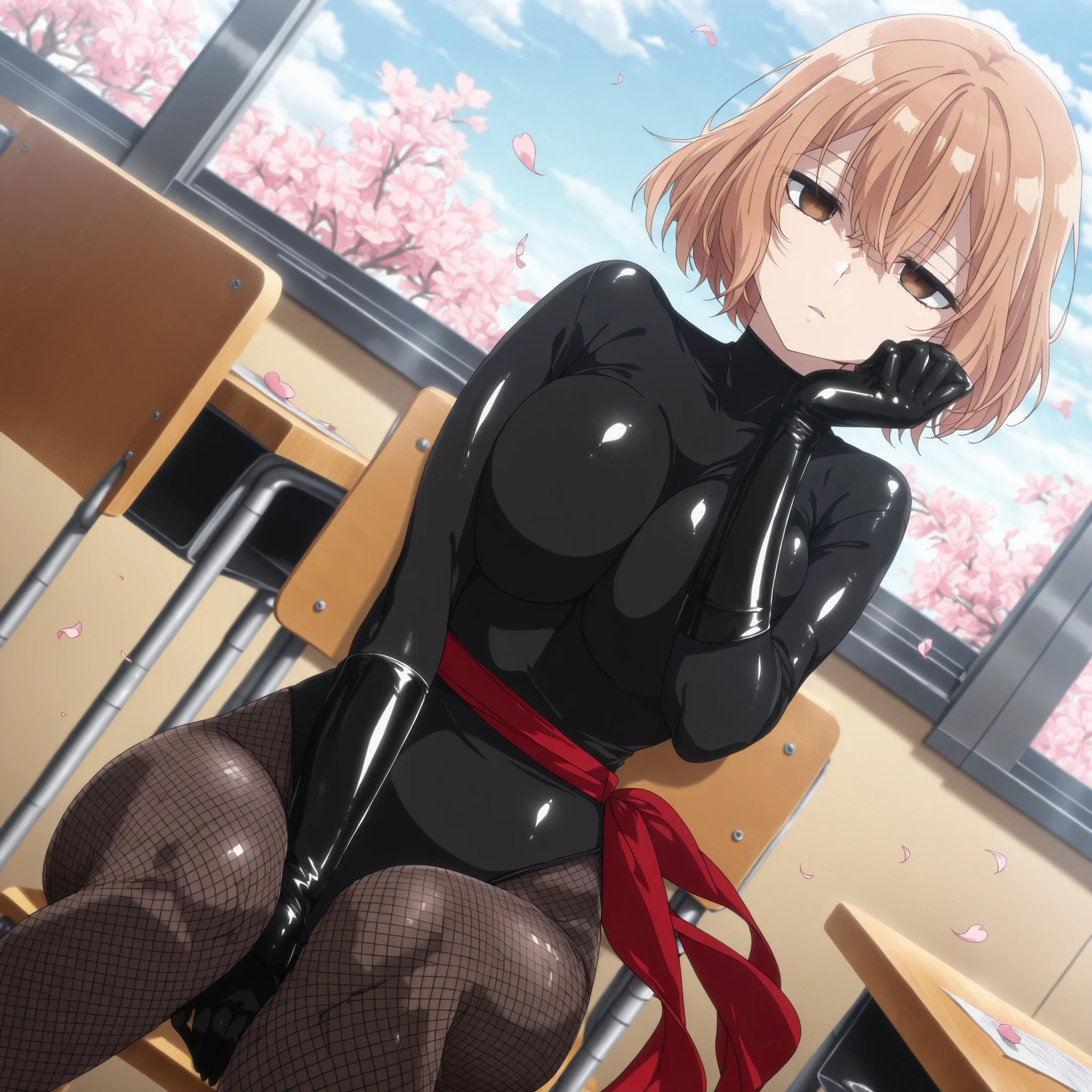 (((Masterpiece))), (((Best Quality))), ((Super Detail)), ultra-High resolution, score_9, score_8_up, score_7_up, score_6_up, score_5_up, score_4_up, BREAK, source_anime, anime screencap, uncensored, Masterpiece, (best shadow), (absurdres), (detailed background), (very aesthetic), detailed beautiful eyes, outstanding, an exquisite animation illustration, highres, dark persona, empty eyes, blank eyes, shocker, black leotard, latex elbow gloves, brown fishnet pantyhose, red sash, (((solo, 1girl))), hair ornament, anime style, anime coloring, animification, medium , yaotose hinako, hair between eyes, short hair, brown eyes, light orange hair, day, parted lips, head rest, school, classroom, expressionless, emotionless, desk, chair, sitting, petal, wind, windy, flower,  press, cinematic angle, dynamic angle, dutch angle, looking at viewer