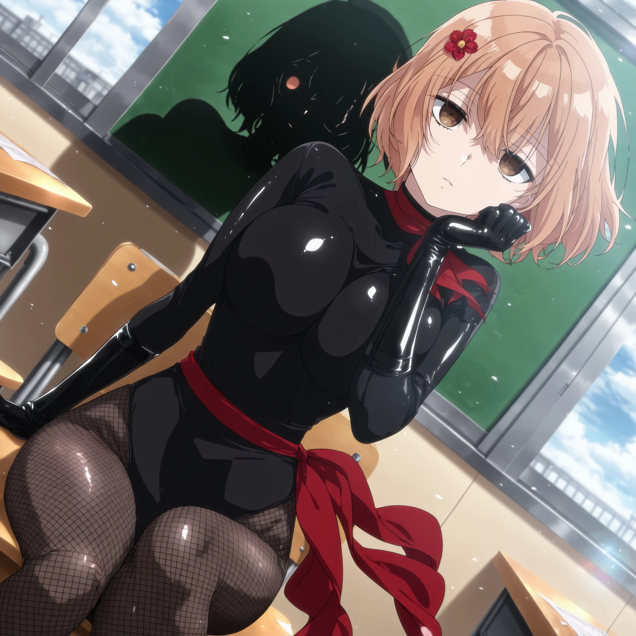 (((Masterpiece))), (((Best Quality))), ((Super Detail)), ultra-High resolution, score_9, score_8_up, score_7_up, score_6_up, score_5_up, score_4_up, BREAK, source_anime, anime screencap, uncensored, Masterpiece, (best shadow), (absurdres), (detailed background), (very aesthetic), detailed beautiful eyes, outstanding, an exquisite animation illustration, highres, dark persona, empty eyes, blank eyes, shocker, black leotard, latex elbow gloves, brown fishnet pantyhose, red sash, (((solo, 1girl))), hair ornament, anime style, anime coloring, animification, medium , yaotose hinako, hair between eyes, short hair, brown eyes, light orange hair, day, parted lips, head rest, school, classroom, expressionless, emotionless, desk, chair, sitting, petal, wind, windy, flower, press, cinematic angle, dynamic angle, dutch angle, looking at viewer