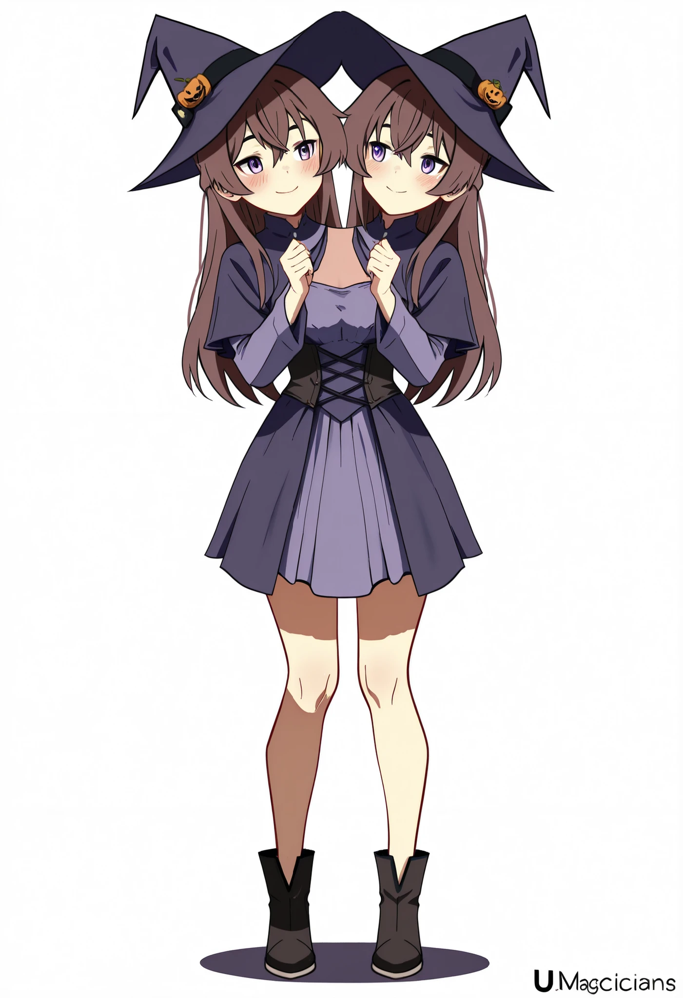 anime girl with pumpkins in her hands posing for a picture , two beautiful anime girls , 🍂 cute , anime girls , halloween art style , (anime girl) , in a halloween style , (masterpiece) , (ultra-detailed) , (high quality) , (high resolution) , (best quality:1 . 5 , highres , UHD) , highres , absurdo , ultra detail , ultra quality , ((2heads:1 . 5)) , 1girl , Ultra resolution , 16k , best quality , 1girl , ((brown hair)) , ((dark purple dress)) , , ((magicians outfit)) , gentle smile , blushing , (indigo eyes), ((2heads.)), witches hat, long hair