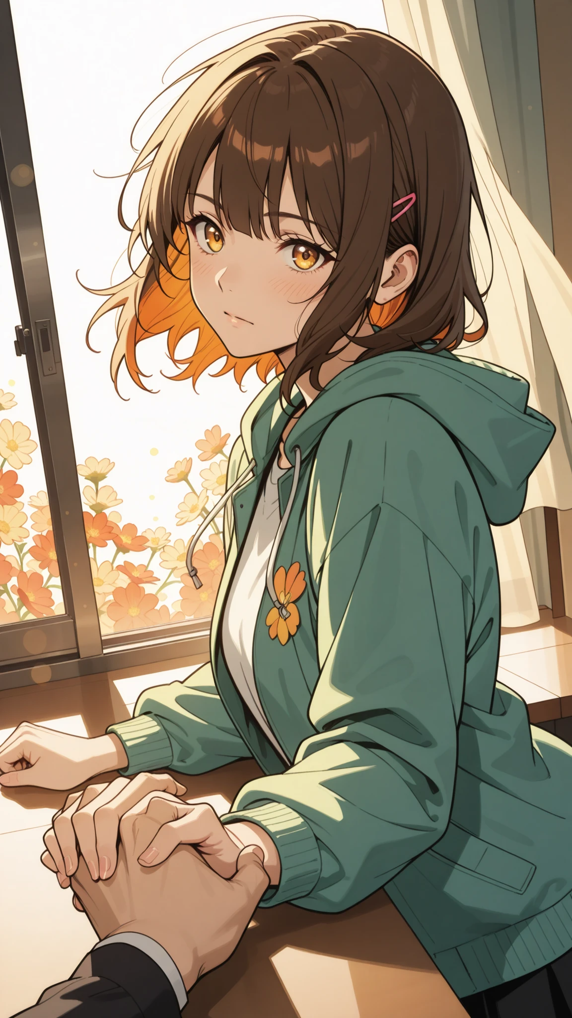 score_9,score_8_up,score_7_up,score_6_up,score_5_up,score_4_up,first-person view、I can only see hands and arms in front of the screen、Holding hands behind her back、She's staring at me、warm and serene atmosphere、spring scenery、fluttering hair、romantic and passionate atmosphere、anime style、High Quality、masterpiece、Ultra High Accuracy、studio lighting with a serious face、Very High Accuracy、professional、bright color,Bokeh