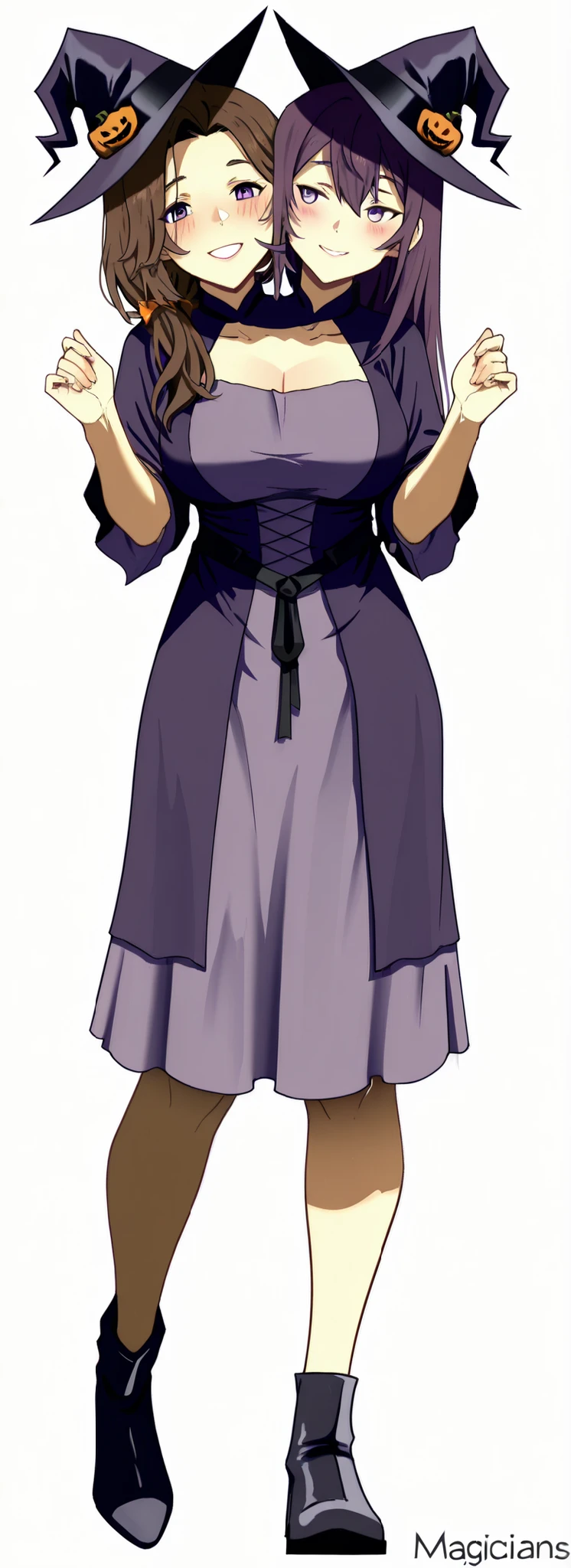 anime girl with pumpkins in her hands posing for a picture , two beautiful anime women , mature woman , anime women , halloween art style , (anime girl) , in a halloween style , (masterpiece) , (ultra-detailed) , (high quality) , (high resolution) , (best quality:1 . 5 , highres , UHD) , highres , absurdo , ultra detail , ultra quality , ((2heads:1 . 5)) , 1girl , Ultra resolution , 16k , best quality , 1girl , ((brown hair)) , ((dark purple dress)) , , ((magicians outfit)) , gentle smile , blushing , (indigo eyes), ((2heads.)), witches hat, long hair