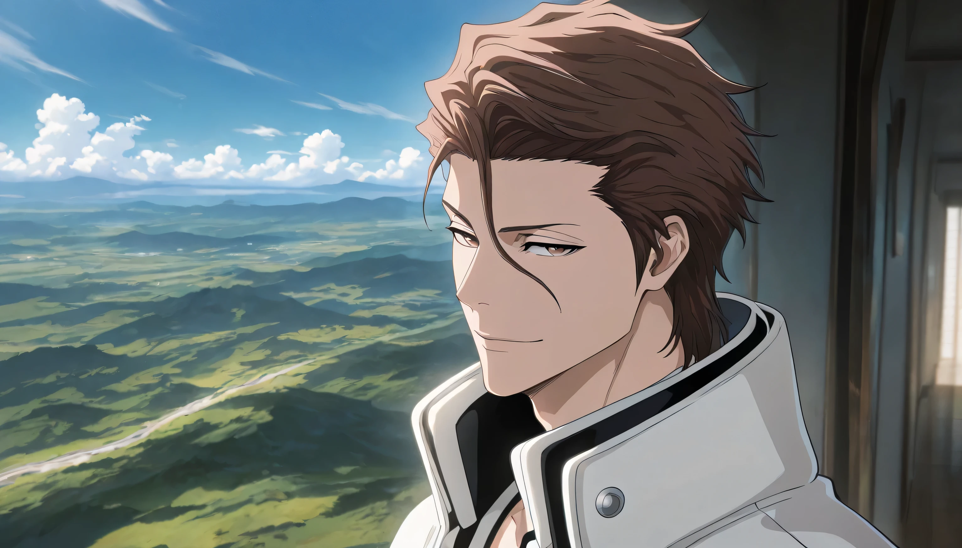 masterpiece, best quality, amazing quality, very aesthetic, absurdres,  newest, (scenery, volumetric lighting),

aizen sousuke, solo, looking at viewer, smile, brown hair, 1boy, brown eyes, vslinxaizen_arrancar, jacket, male focus, sky, day, cloud, blue sky, portrait, anime

masterpiece, best quality, amazing quality, very aesthetic, absurdres,  newest, (scenery, volumetric lighting)